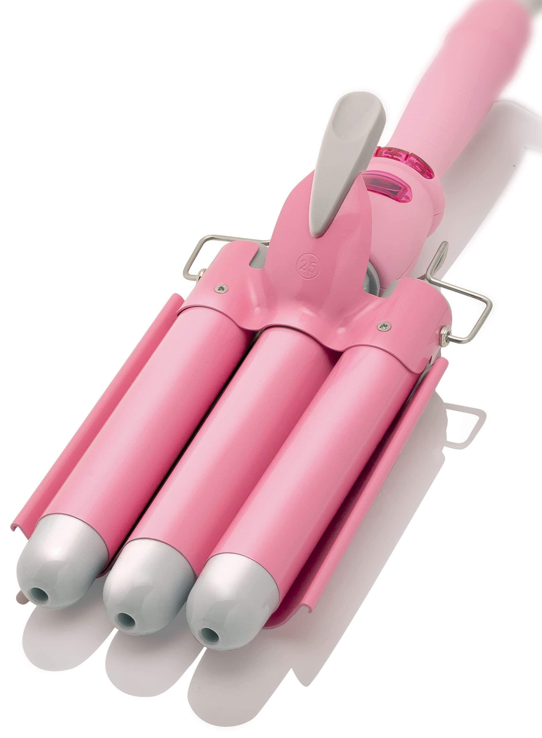 Alure Three Barrel Curling Iron Wand with LCD Temperature Display - 1 Inch Ceramic Tourmaline Triple Barrels, Dual Voltage Crimping Tool, Best Hair Waver for Beachy/Frizz Free Waves (White/Pink)