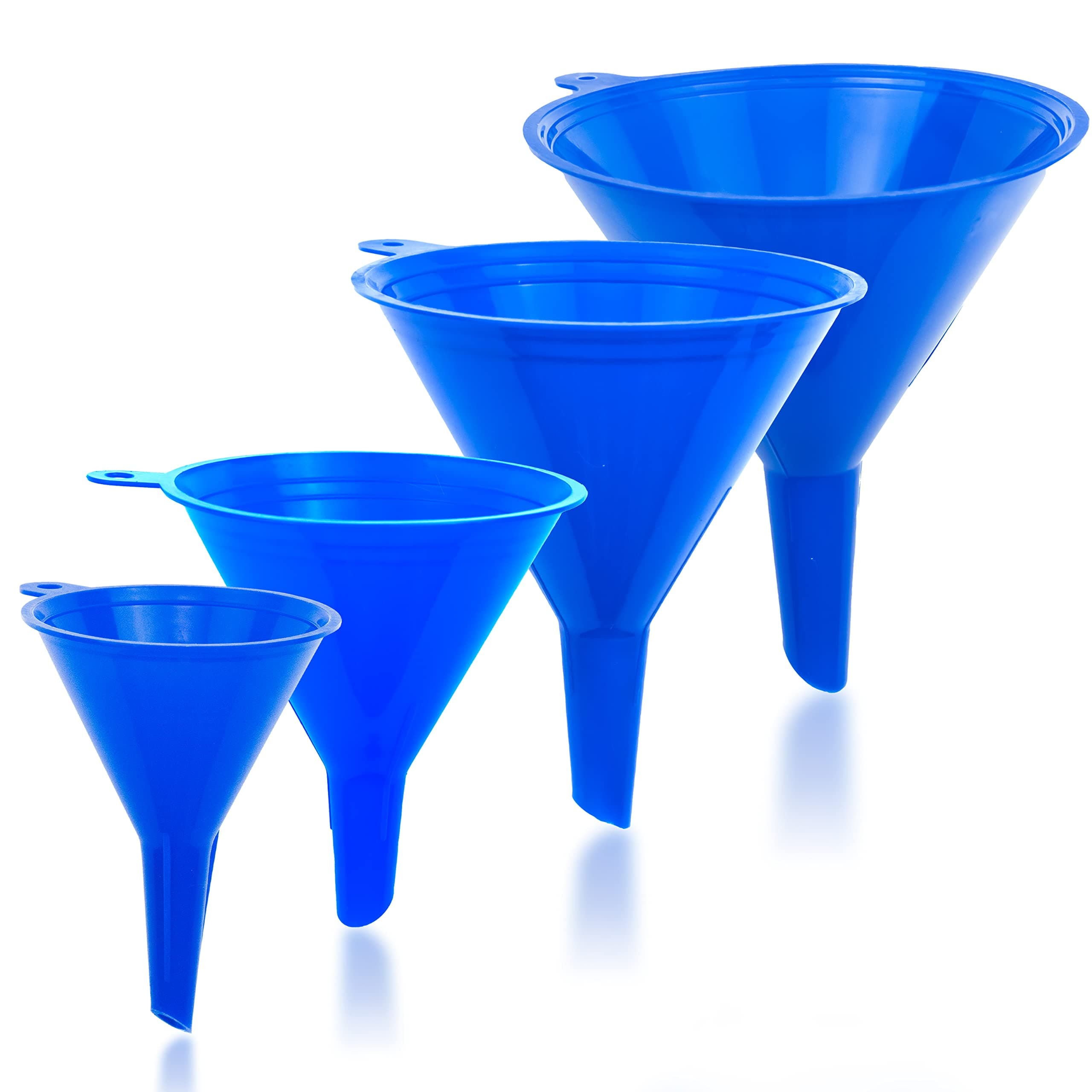 Funnel Blue in 4 Different Sizes (122, 101, 76 & 50mm) Durable & Non-Toxic Food Grade Plastic -Funnels for Filling Bottles or Containers – Ideal for Kitchen, Garage & Labs (Blue)