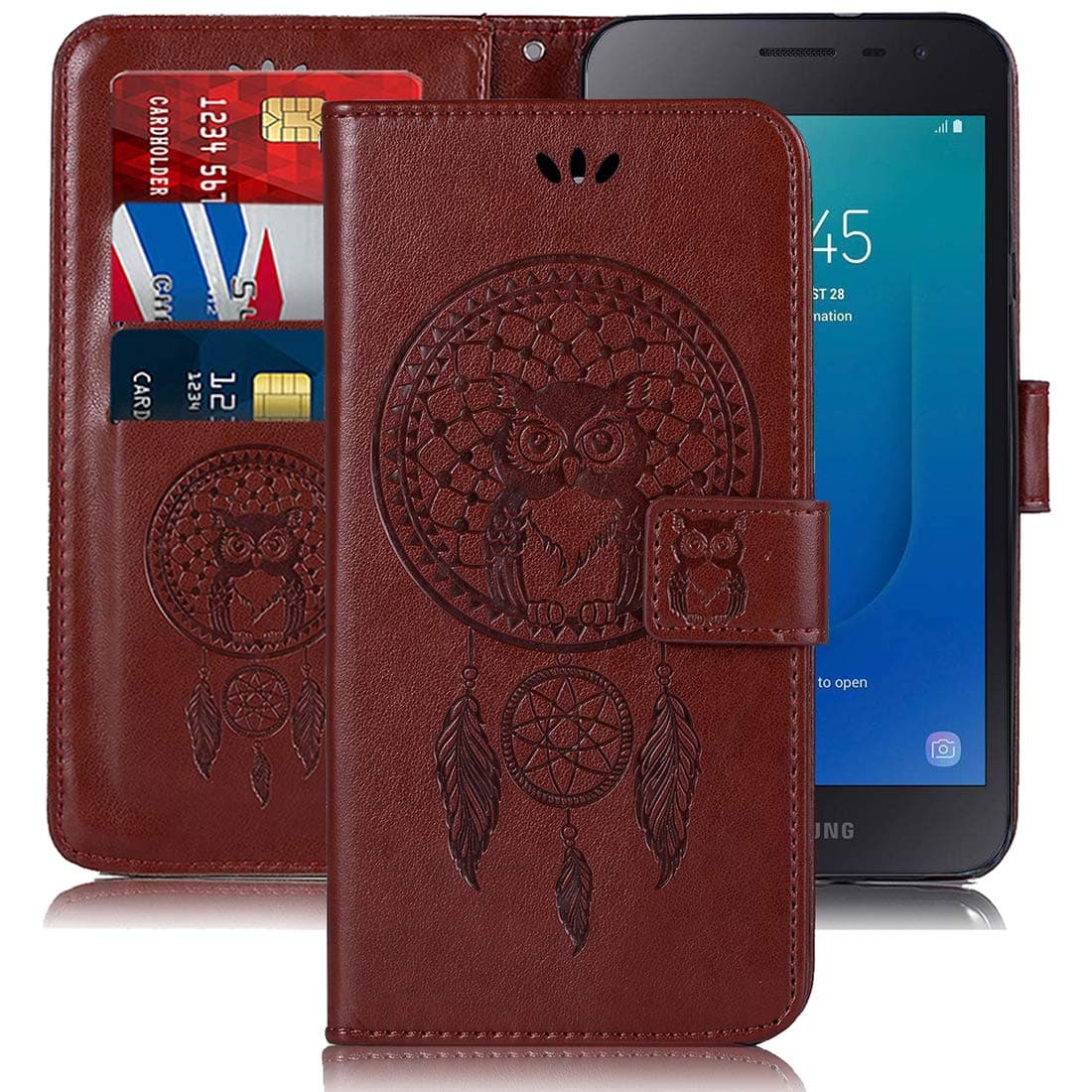 SidandeGalaxy J2 2018 2019 / J2 Core Case, Galaxy J2 Shine / J2 Dash / J2 Pure Case, [Wrist Strap] Owl PU Leather Wallet Flip Phone Case Cover with Card Slots for Samsung Galaxy J260 (Brown)