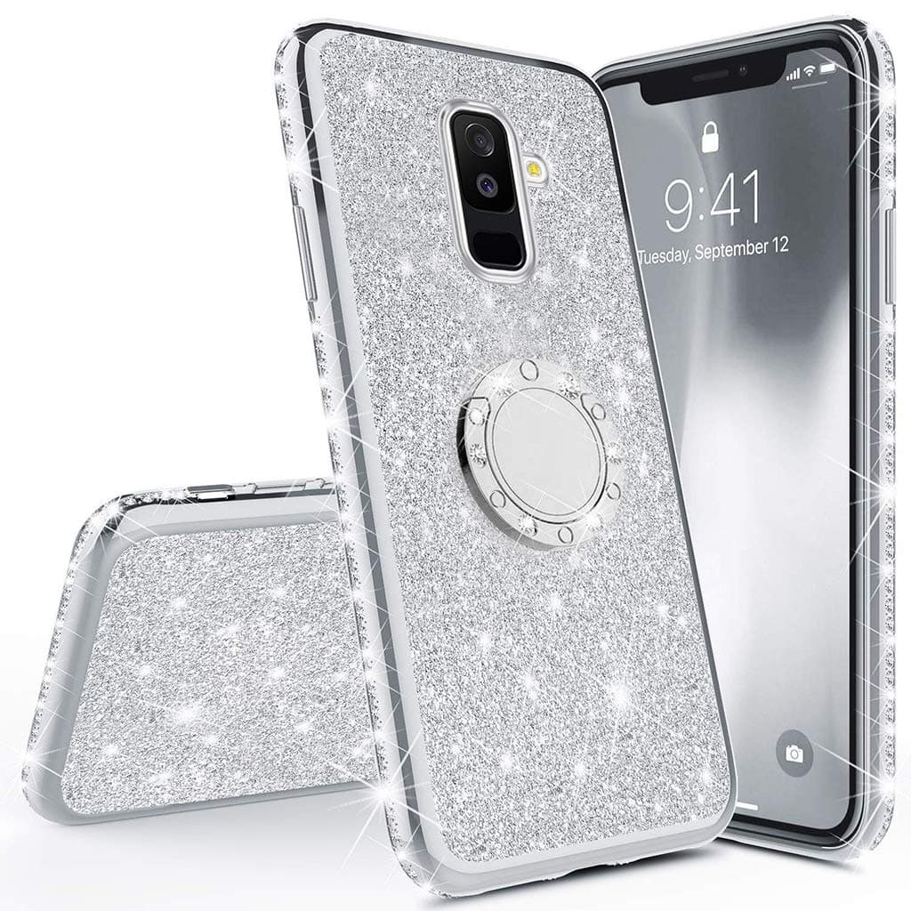 PHEZEN Compatible with Samsung Galaxy A6 Plus 2018 Case,Bling Glitter Sparkle Crystal Diamond Rhinestone Bumper TPU Rubber Silicone Cover Phone Case with Ring Kickstand for Galaxy A6 Plus 2018,Silver