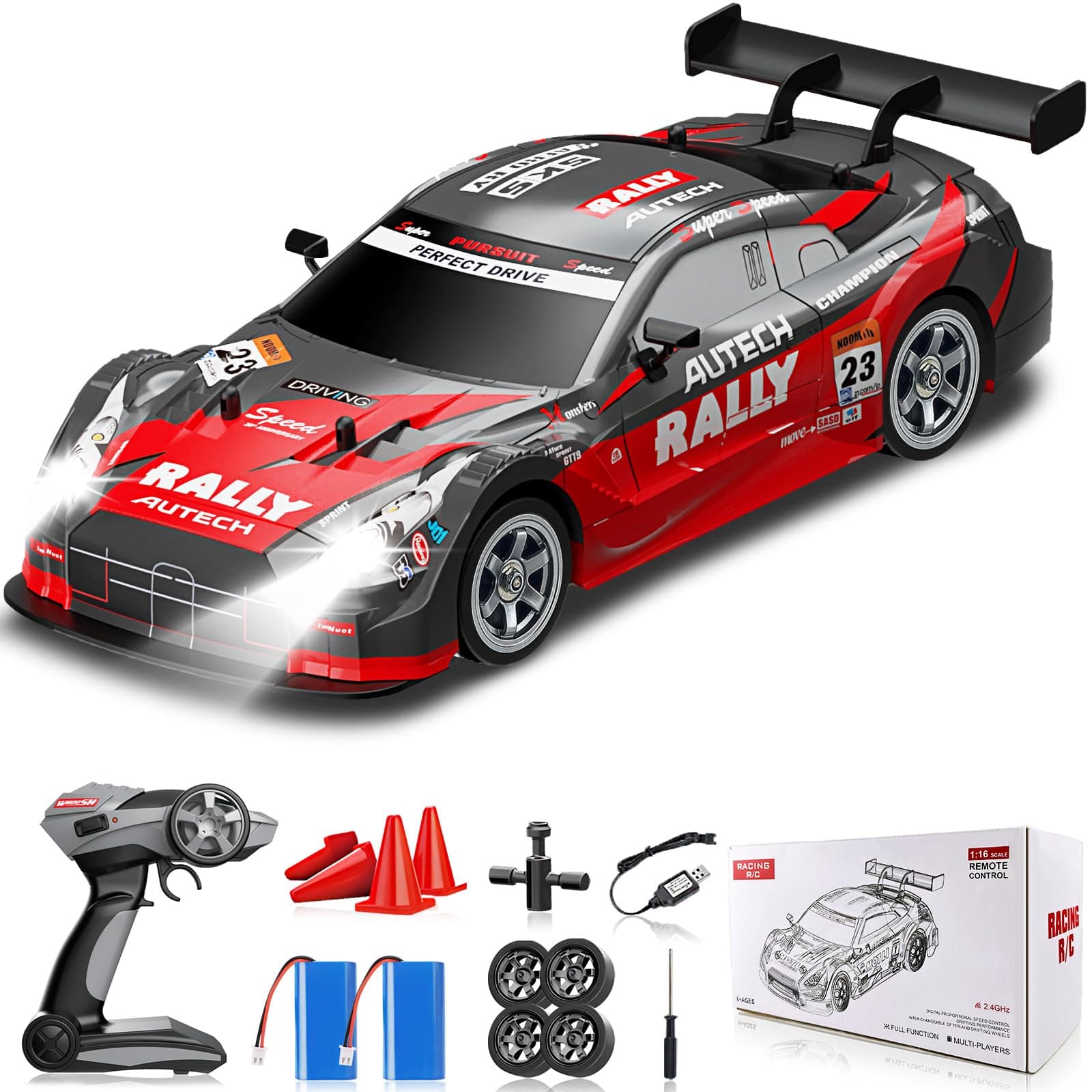Sakeye RC Drift Car, 1:16 Remote Control Drift Car 4WD 2.4GHz RC Cars Remote Control Car Drifting RC Car High Speed Model Vehicle with Lights Drifting Tire Rechargeable Toy Cars for Adults Boys, Red