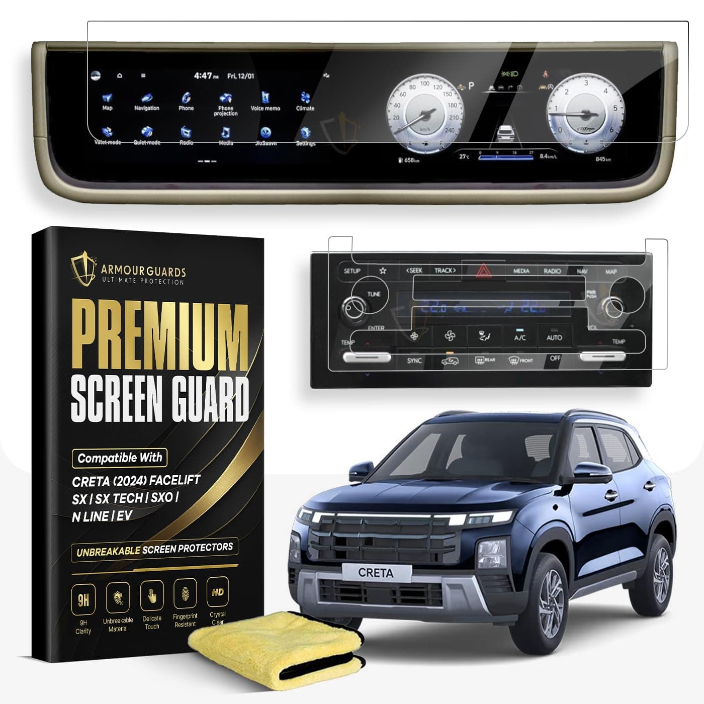 PET Full Screen Protector Combo For Hyundai Creta 2024 Facelift 10.25 Inch Infotainment And Cluster (Sx | Sx Tech | Sxo | N Line | EV) With AC Panel Screen Guard And 1 Microfiber Cloth