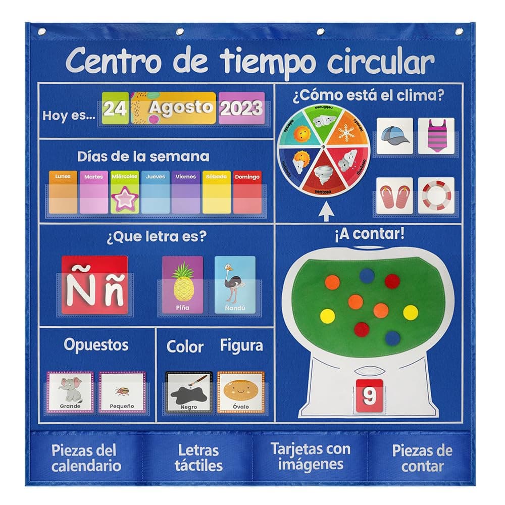 Spanish Circle Time Center Pocket Chart- 239 Laminated Flashcards (Days,Weather,Colors,Shapes,Opposites,Counting) 38x39 Inch Classroom Calendar Center for Preschool & Homeschool - Teaching Tool