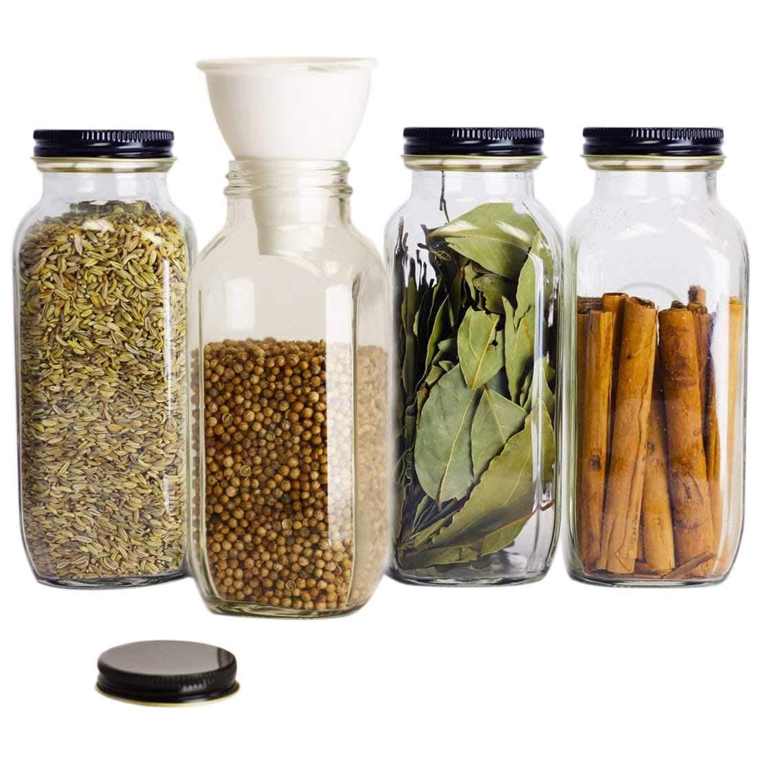 16 oz Spice Jars with Lids - 4 Square Glass Bottles With 4 Airtight Black Caps and 1 Silicon Spice Funnel by SpiceLuxe (4 pack, Black Cap)