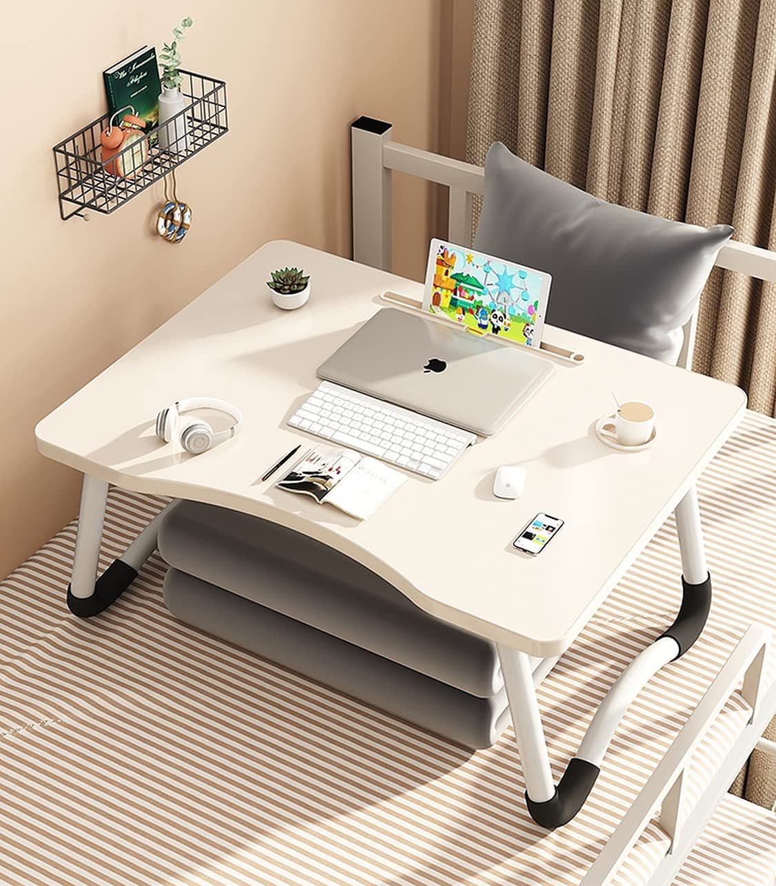 Wolpin Laptop Table Foldable Desk with Notebook Holder & Cup Holder Multipurpose Study Table, Breakfast Table, Foldable and Portable Couch/Sofa Bed Table Desk Ergonomic & Rounded Edges Non-Slip Legs