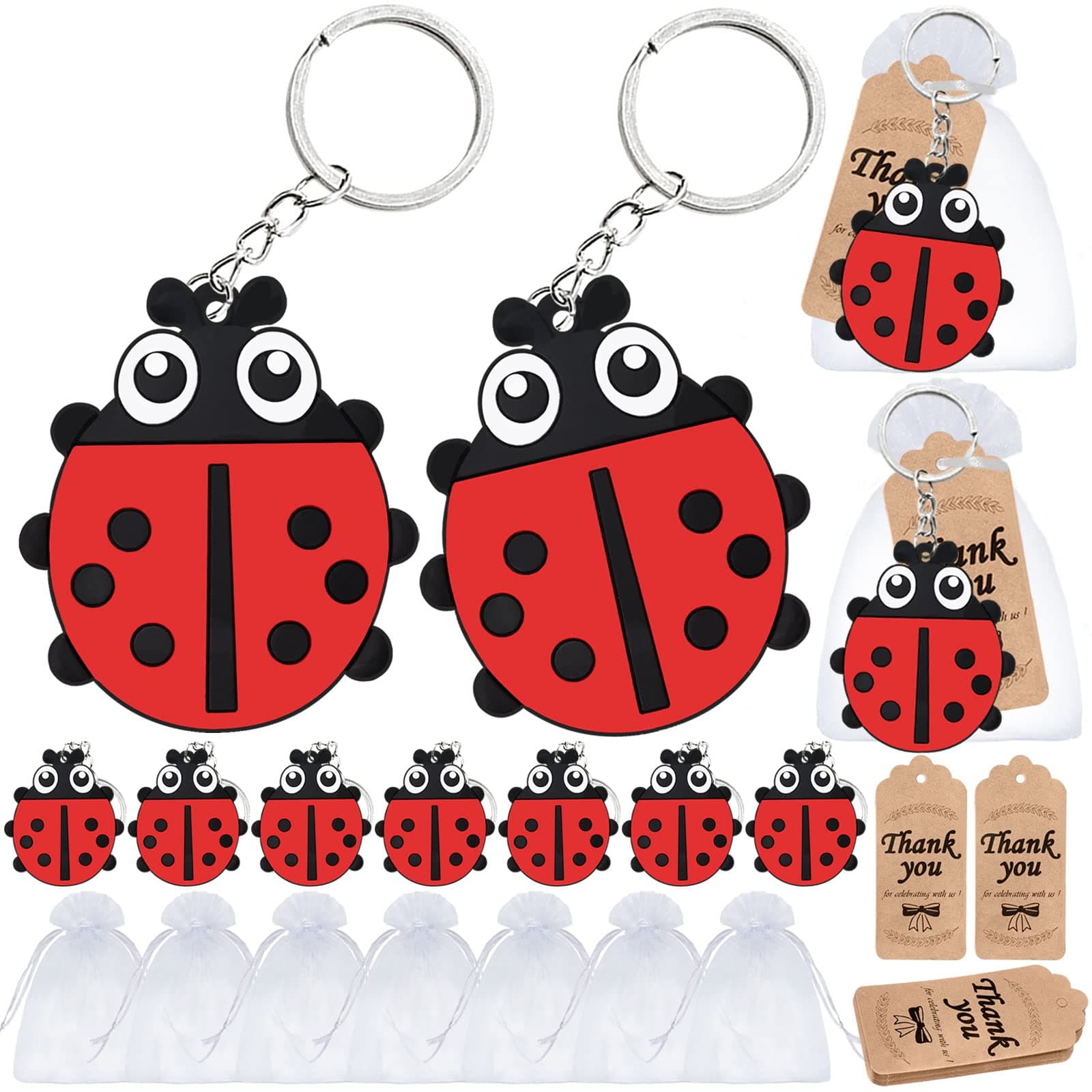 Elecrainbow 60 Pack Ladybug Party Favors Include 20 Keychains,20 Thank You Tags and 20 Goodie Bags for Ladybug Lover, My Little Ladybug Themed Party, Baby Shower, Birthday, Goodie Bag Fillers