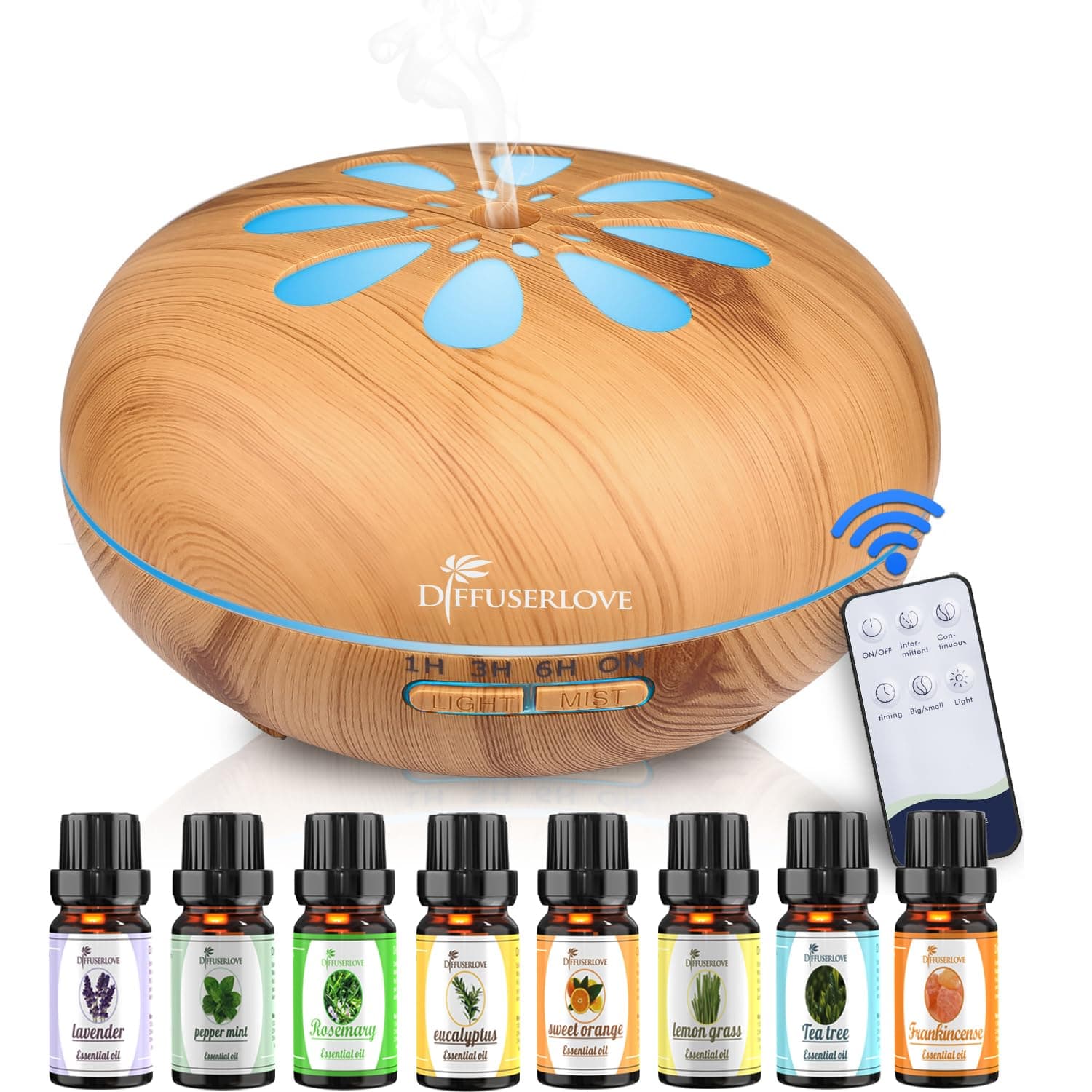 Diffuserlove 550ML Essential Oil Diffuser Humidifiers Wood Grain Cool Mist Humidifiers Ultrasonic Remote Control Aroma Diffusers for Home Bedroom Yoga Office Spa