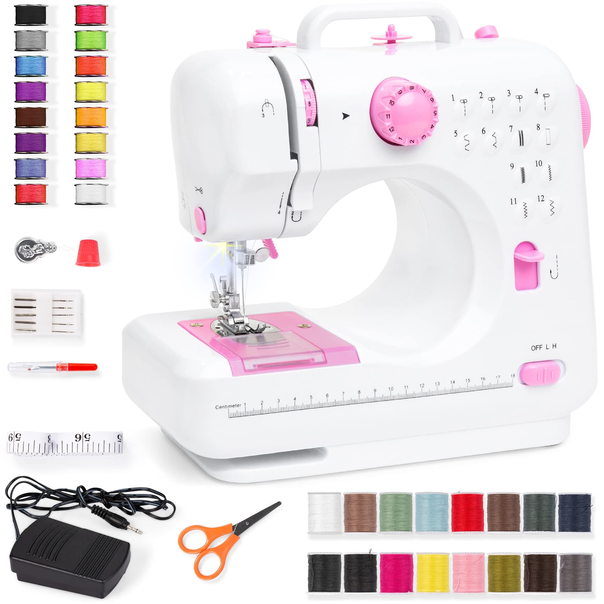 Compact Sewing Machine, 42-Piece Beginners Kit, Multifunctional Portable 6V Beginner Sewing Machine w/ 12 Stitch Patterns, Light, Foot Pedal, Storage Drawer - Pink/White