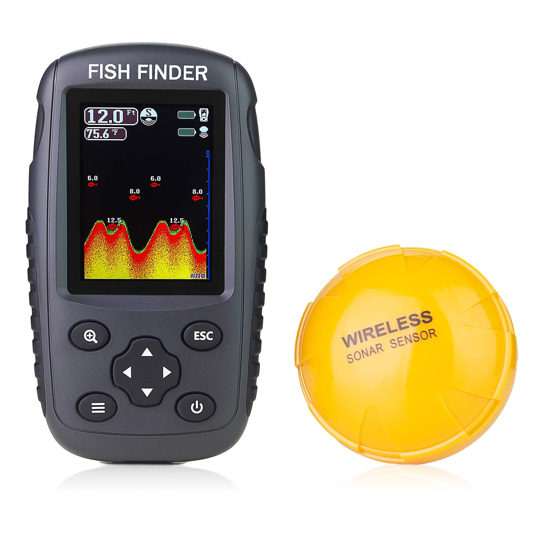 Portable Rechargeable Fish Finder Wireless Sonar Sensor Fishfinder Depth Locator with Fish Size, Water Temperature, Bottom Contour, Color LCD Display