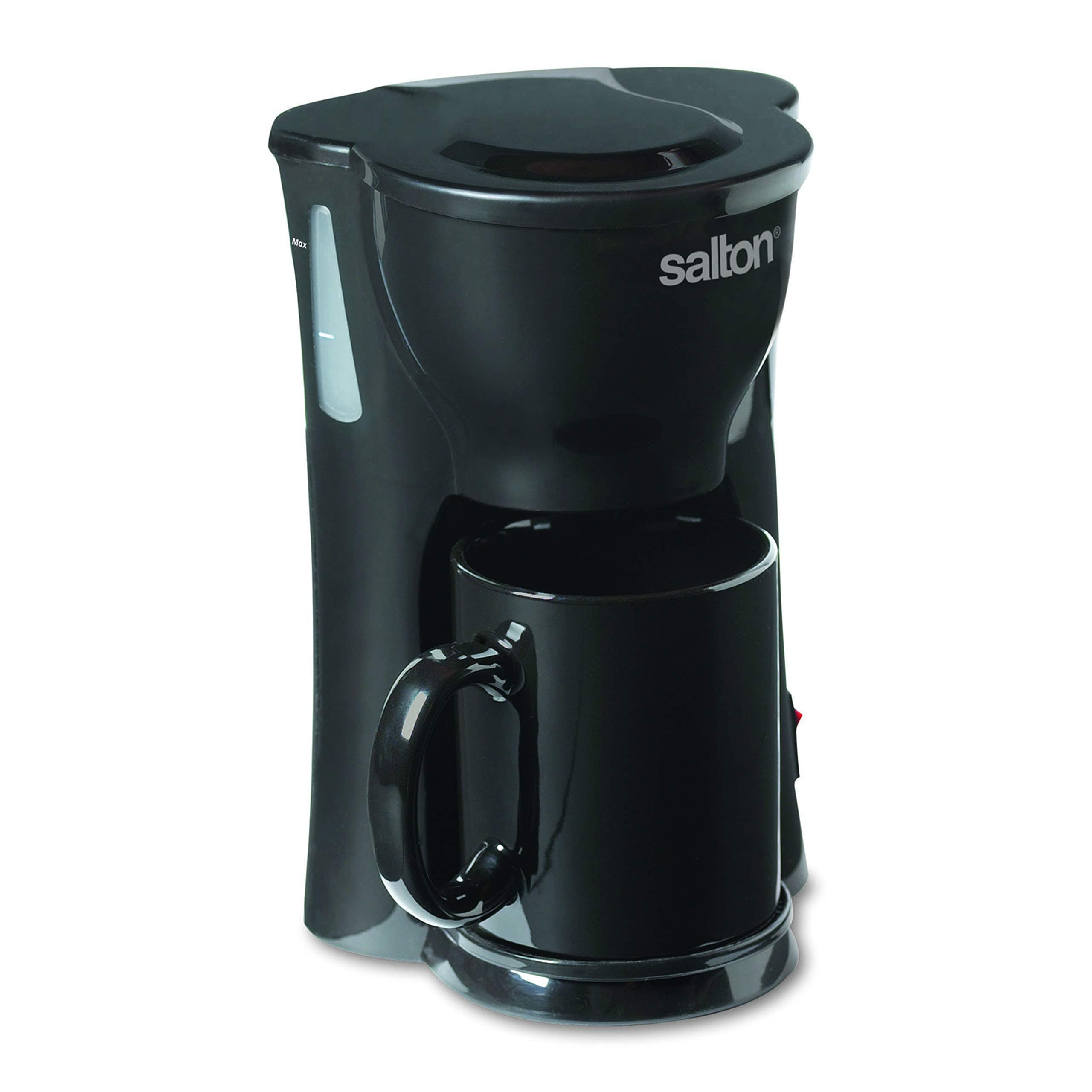 Salton 1 Cup Mini Compact Drip Coffee Maker with Reusable Mesh Filter for Coffee Grounds, Fits a Variety of Mug Sizes including Bonus Ceramic Mug for Home or Office, 10 Ounce Capacity, Black (FC1205)