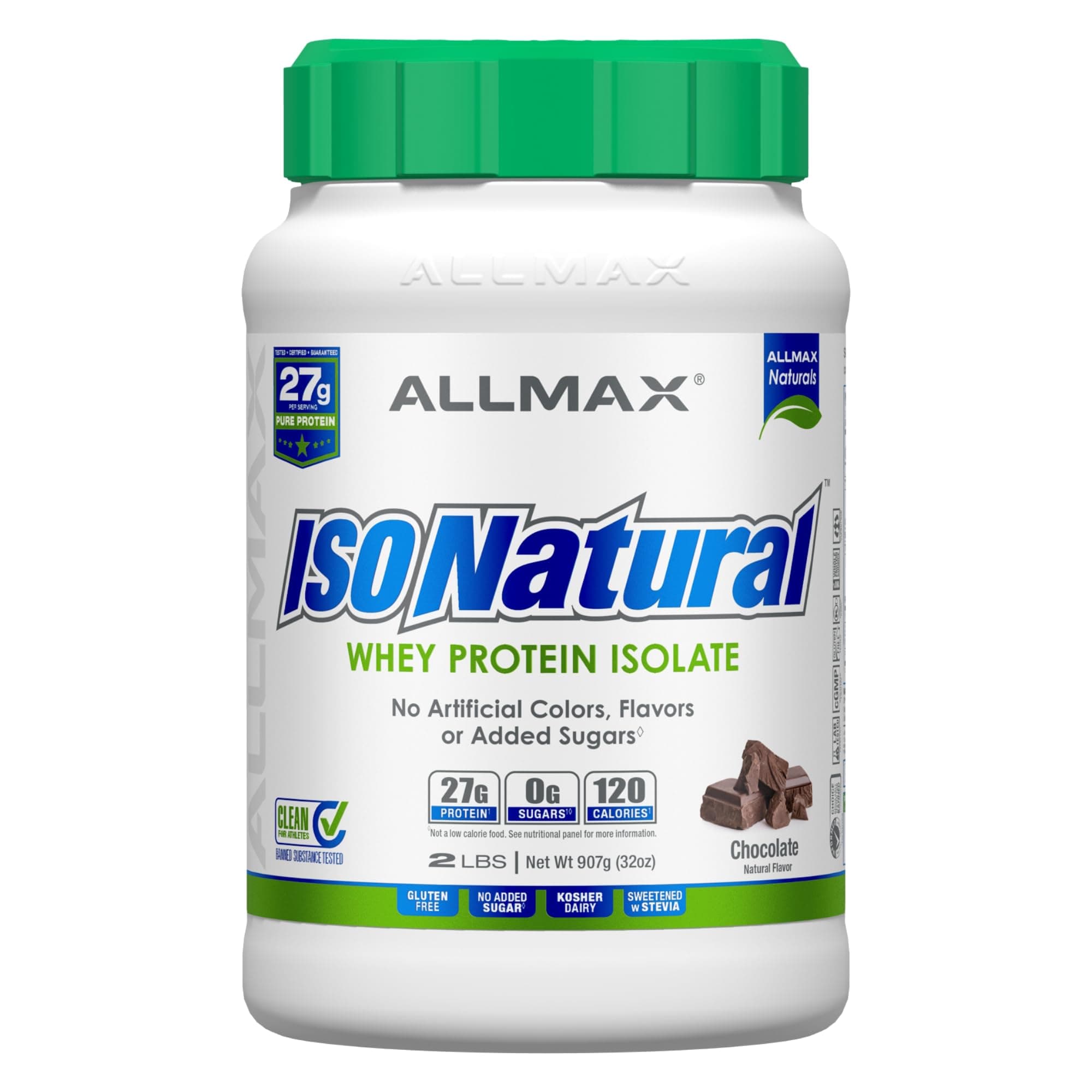 ALLMAX ISONATURAL Whey Protein Isolate, Chocolate - 2 lb - 27 Grams of Protein Per Scoop - Zero Fat & Sugar - 99% Lactose Free - with Prebiotics - No Artificial Flavors - Approx. 29 Servings