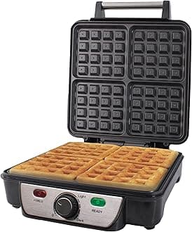 Quest 35940 Four Slice Deep Fill Waffle Maker/Non-Stick Hot Plates/Adjustable Temperature/Stainless Steel with Cool Touch Handle / 1100W