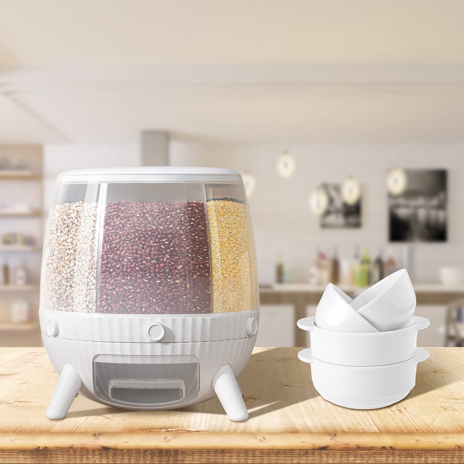 DYRABREST Rice Kitchen Dry Food Automatic Rice Dispenser Storage Container 6-Grid Round, 13 Lbs Grain Storage Bin,Cereal Dry Food Storage Box,360 Degree Rotation Rice Bucket