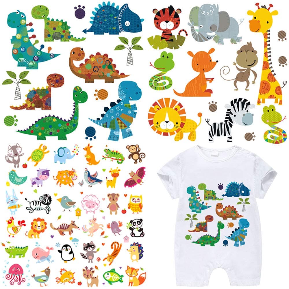 Kids Iron on Transfers Patches Set 3 Sheets Assorted Cute Dinosaur Animal Iron on Appliques Patches DIY Heat Transfer Stickers for T-Shirt Clothing Jeans Backpacks
