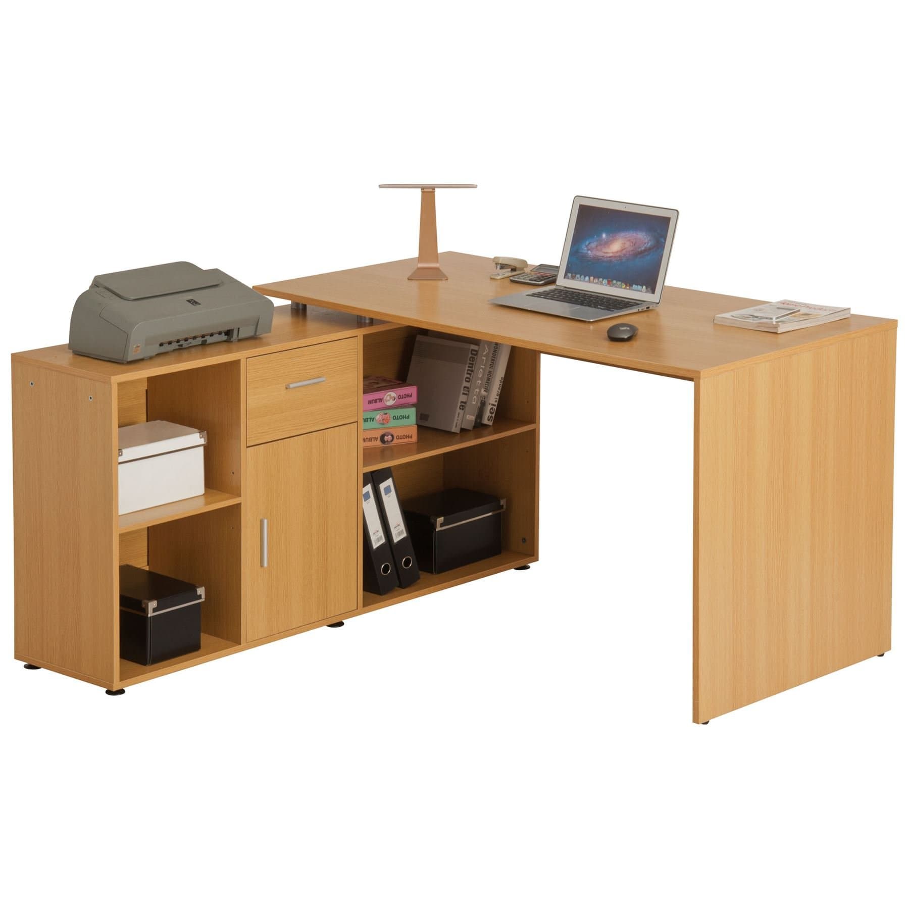 Large Four Way Combination Computer Desk with Cupboard, Drawer and Shelves Matching Oak Effect - Piranha Furniture Empress