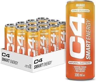 C4 Smart Energy Drinks Mango 330ml (12 pack) | Sugar Free Energy Drink with 106mg Natural Caffeine, Brainberry, Nootropics, Vitamin C | Natural Energy Drink for Mental Focus On the Go
