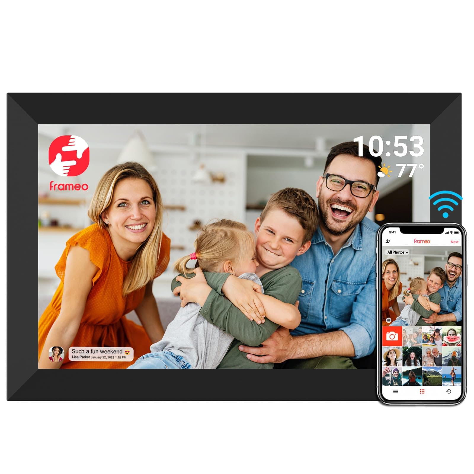FRAMEO Smart Digital Picture Frame WiFi Cloud 10.1 Inch HD 1280x800 IPS Touch Screen Digital Frame with 16GB Storage Easy Setup to Share Photos or Video via Frameo APP Auto-Rotate Wall Mountable Black