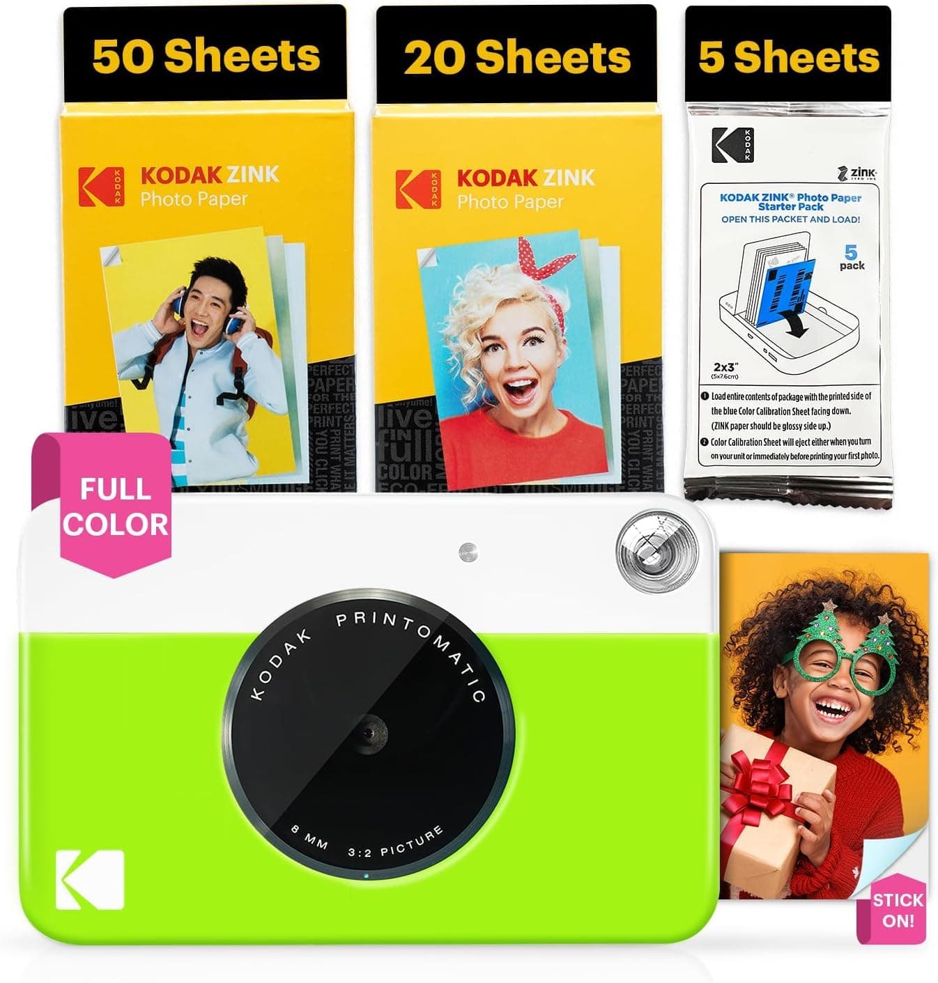 Printomatic Full-Color Instant Print Digital Camera - 75 Sheets Bundle - Prints On Zink 2x3 Sticky-Back Photo Paper - 5MP, Portable, Creative Fun Gift for Birthday, Christmas, Holiday - Green