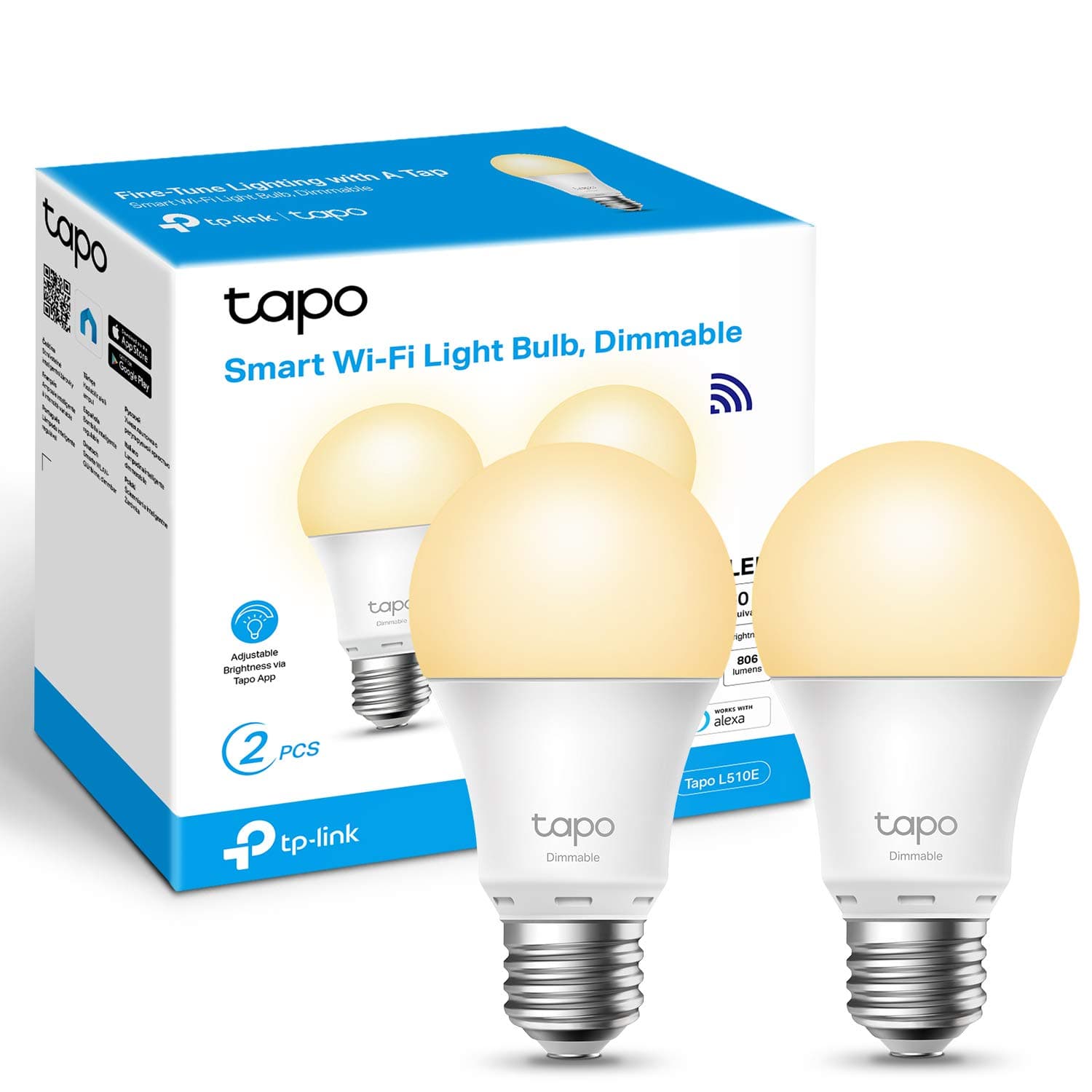 Tapo TP-Link Smart Bulb, Smart Wi-Fi LED Light, E27, 8.7W, Energy saving, Works with Amazon Alexa and Google Home, Dimmable Soft Warm White, No Hub Required - L510E(2-pack)[Energy Class F]