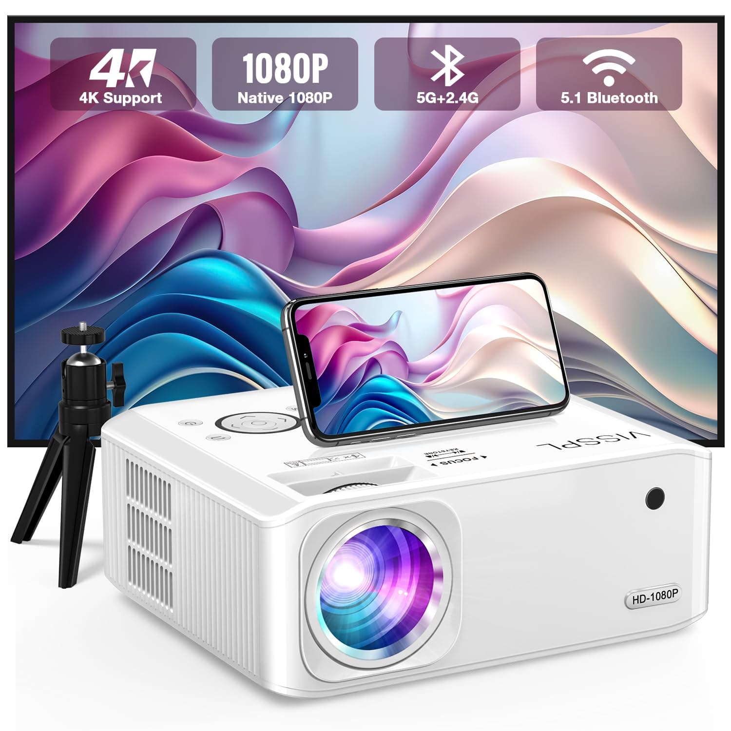 [6D/4P/4K] Projector with WiFi and Bluetooth, Electric Keystone 15000L 5G 4K Supported Projector, Max 400” Display, 50% Zoom Outdoor Projector for iOS/Android/HDMI/USB/TV Stick/PS5