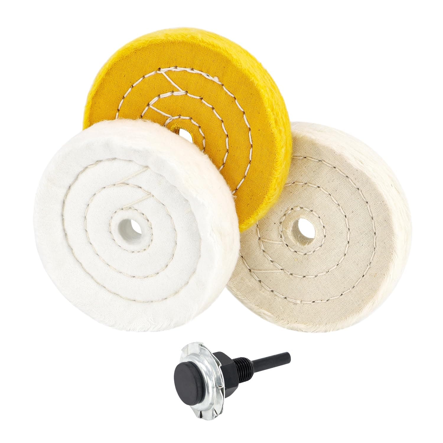 SCOTTCHEN 4" Buffing Polishing Wheel with 1/4" Handle for Drill, 1/2" Arbor Hole,Cotton Fine (50Ply),Ultra Fine(30 Ply)，Treated Yellow (38 Ply) -3pcs