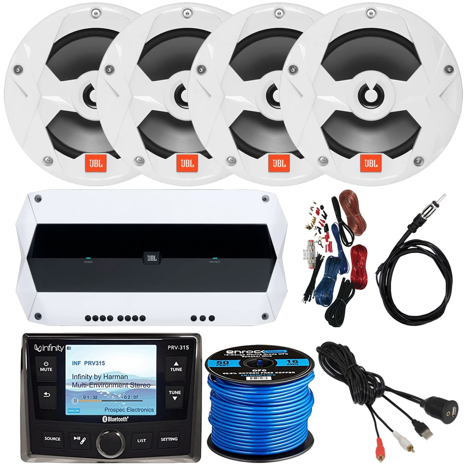 Infinity AM/FM/WB Tuner AUX USB Bluetooth Marine Digital Media Receiver, 4X 6.5 2-Way 225W Multi-Element Speakers (White), 4-Channel Amplifier w/Kit, Speaker Wire, USB/AUX Interface