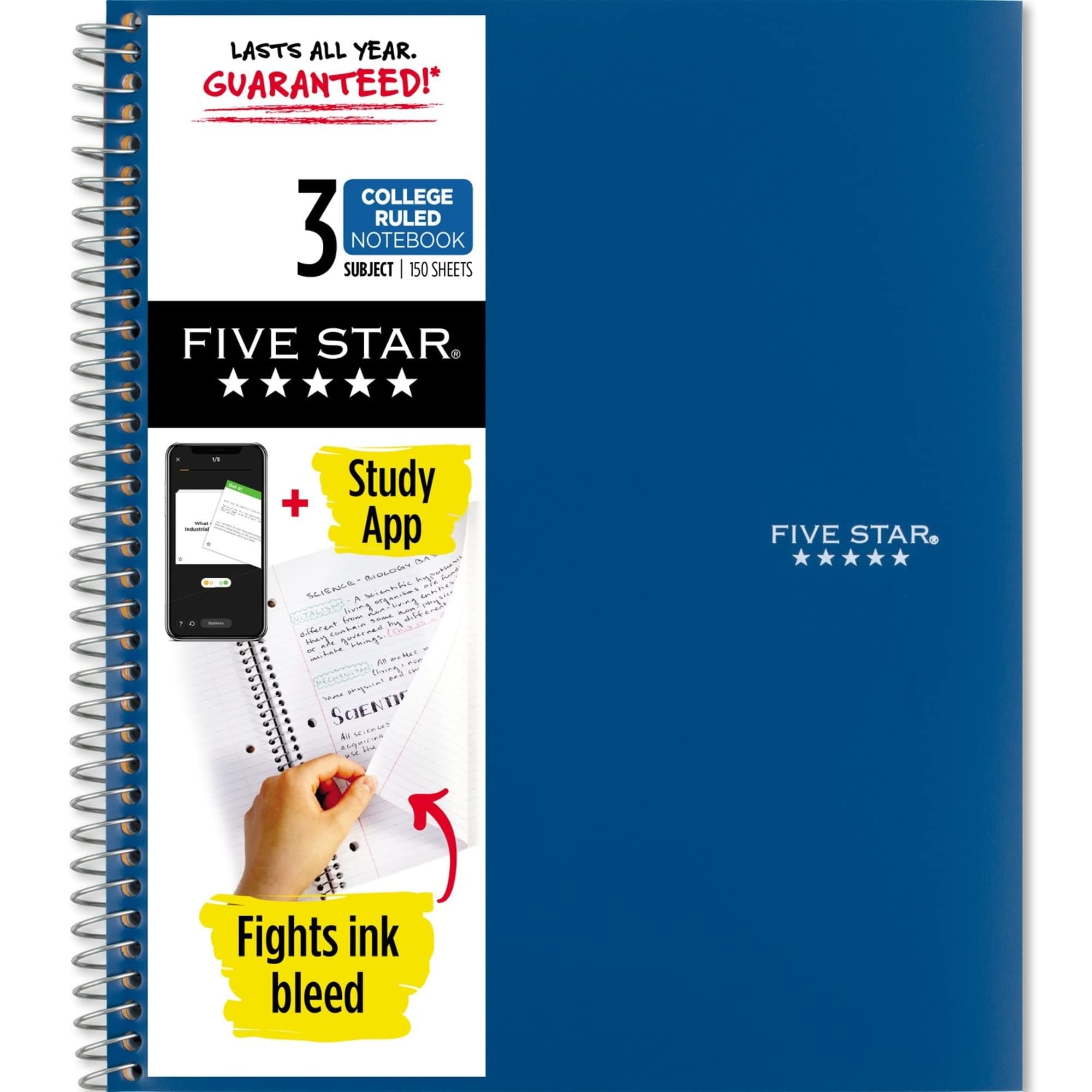 Five Star Spiral Notebook + Study App, 3 Subject, College Ruled Paper, 8.5" x 11", 150 Sheets, Blue (Color May Vary) (73623)