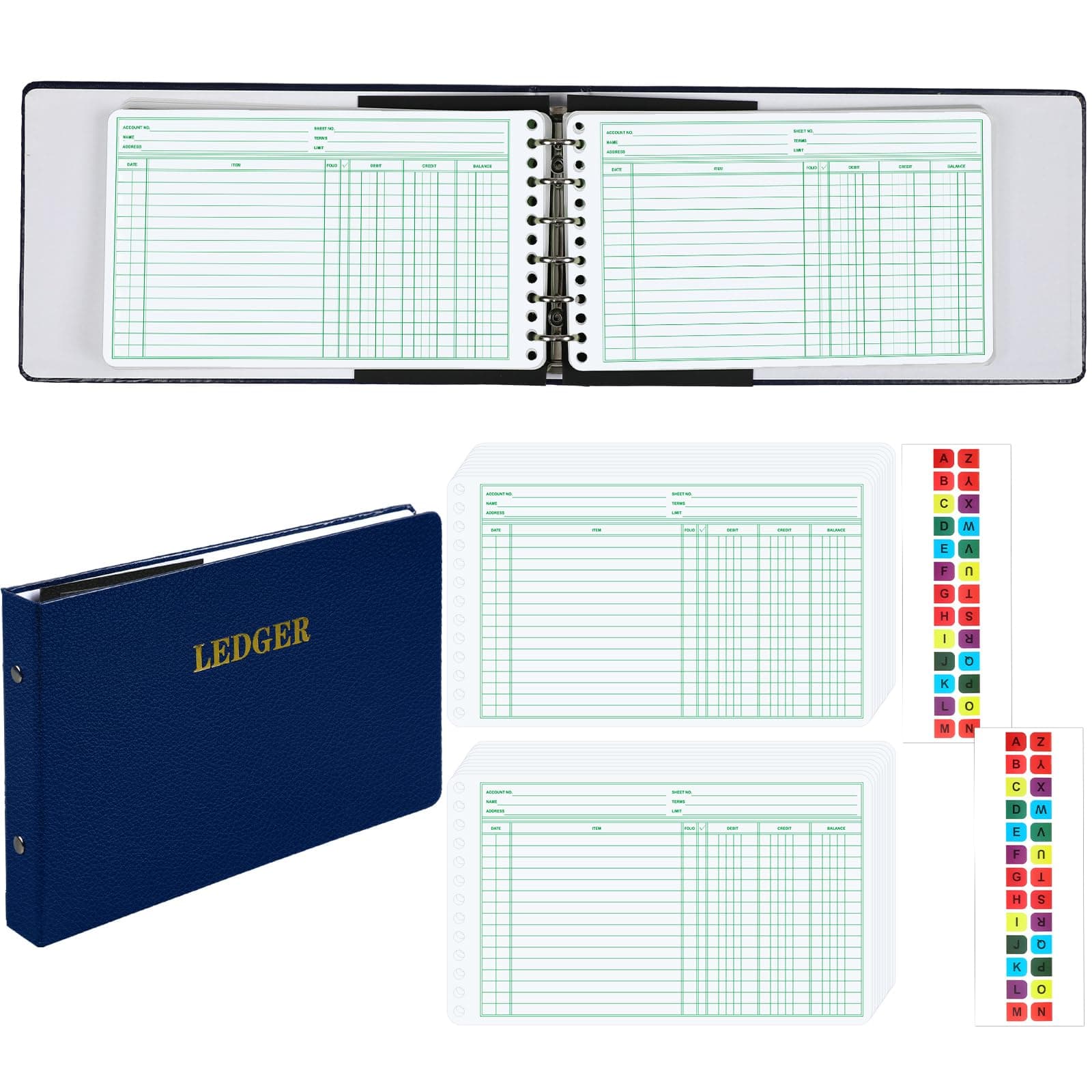 Ring Ledger Binder with 200 Pcs 5"x8.5" Ledger Sheets Small Index Tabs for Bookkeeping Accounting Business with Debit Credit Balance Columns(Blue Cover, White Sheets)