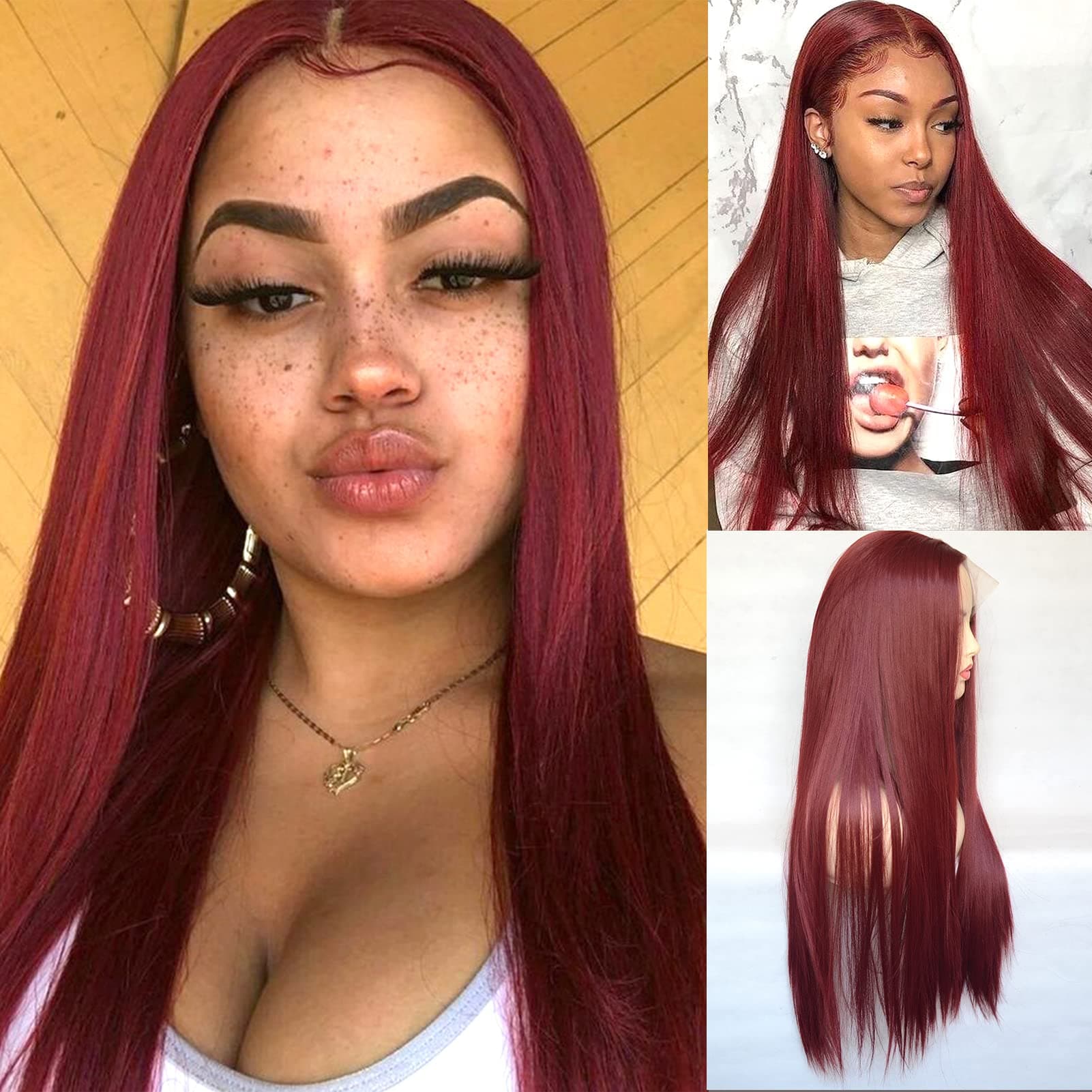 BLUPLE Red Lace Front Wigs T-Lace Part Long Silk Straight Burgundy Red Wig with Middle Part Synthetic Hair Replacement Full Wigs for Women (22Inch, Straight,Red)