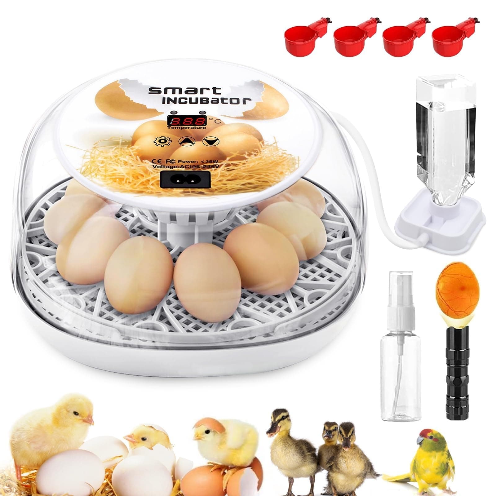 Incubators for Hatching Eggs, Chicken Waterer Cups, Automatic Egg Turner Holds 12 Eggs, Smart Incubator 360° Clear Window with Temperature Display Egg Candler for Small Poultry Chickens Ducks Quails