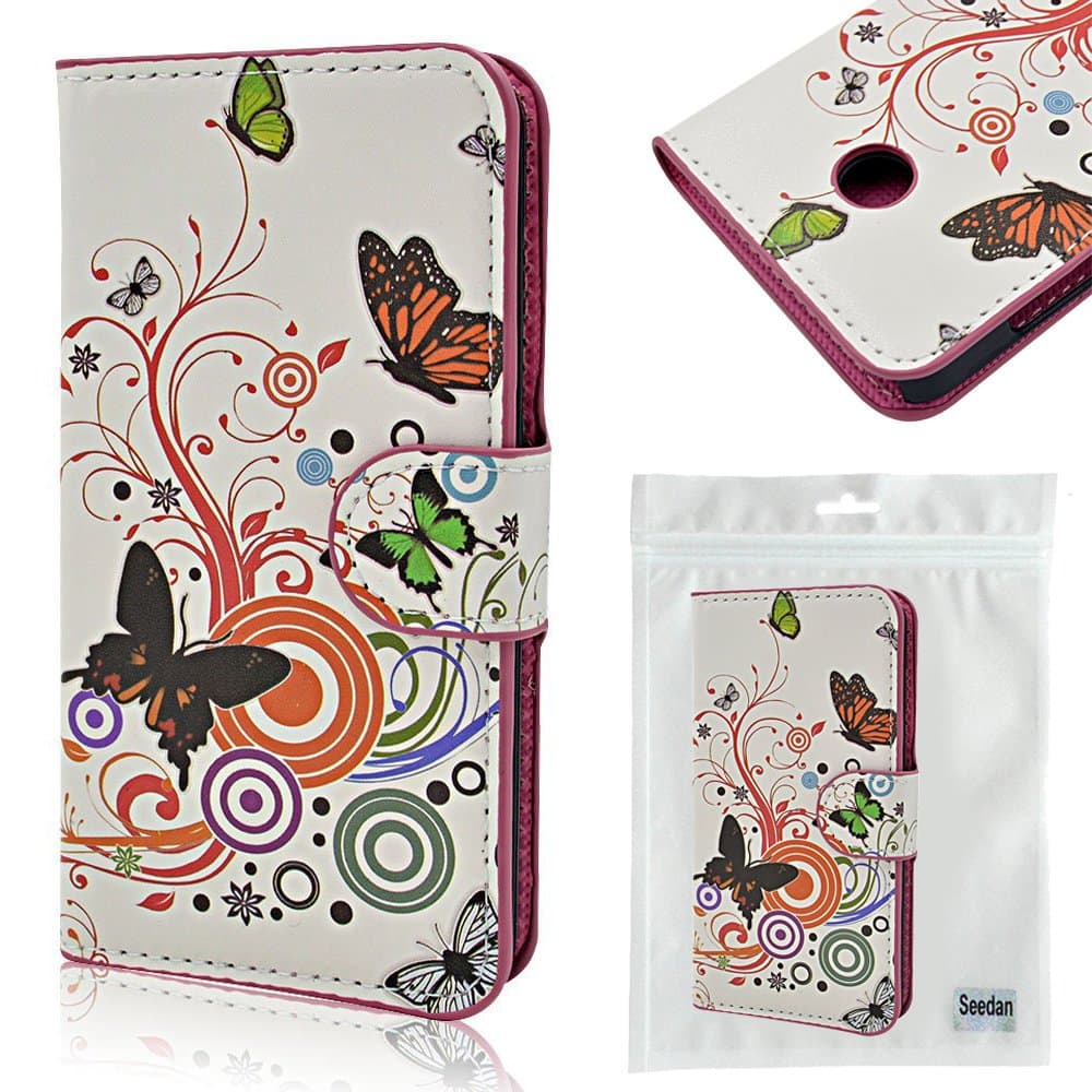 Nokia Lumia 630 Case, Seedan Premium Leather Case [Stand Feature] Classic Series Folio Holster Wallet Pocket for Nokia Lumia 630 635 STAND Flip Cover with [Card Slots] - (White) Flower Butterfly