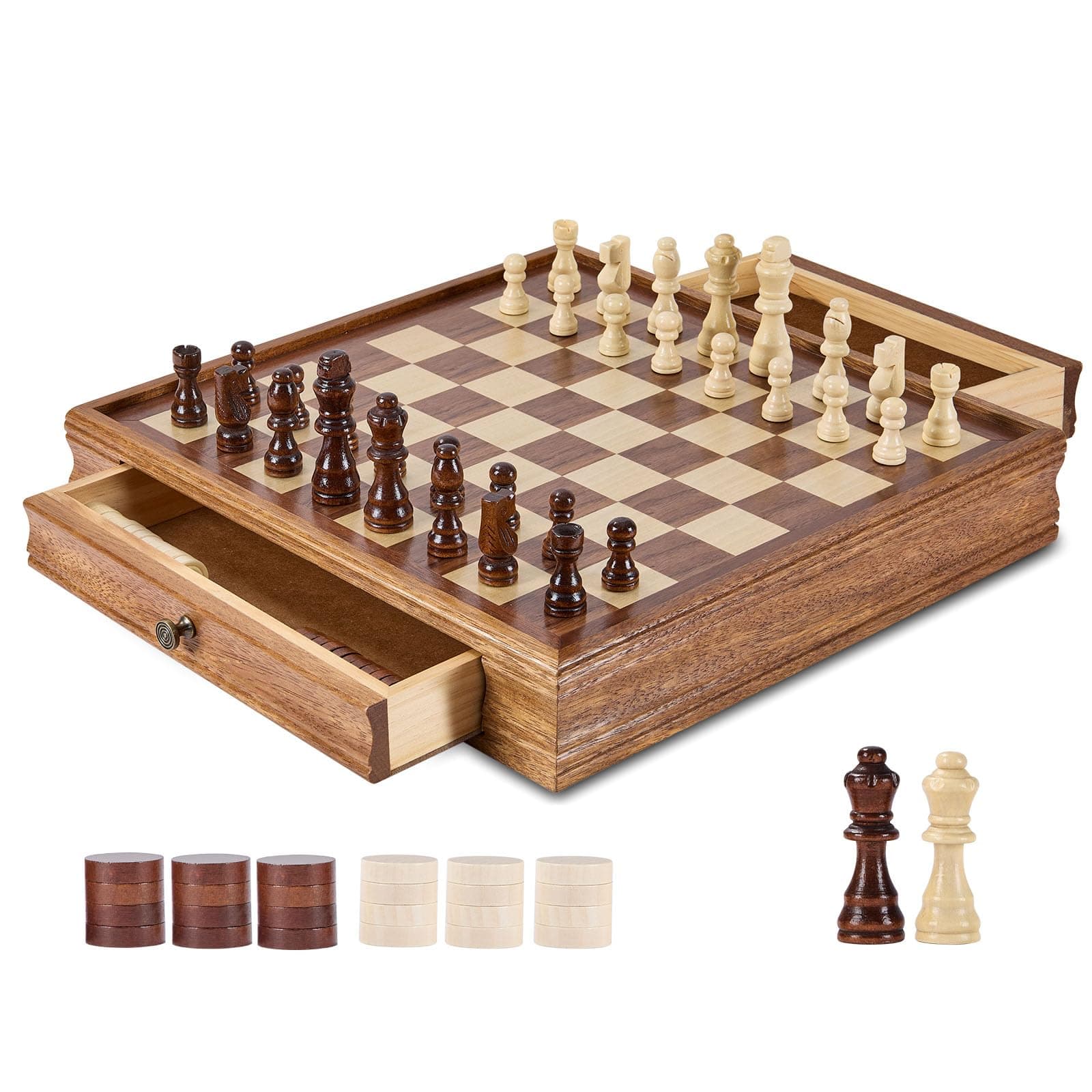 VEVOR Solid Wood Chess Set, 15 inch 2-in-1 Chess Checkers Game Set, Chess Board Games with Storage Drawer & Weighted Chess Checkers Pieces & 2 Queens, Christmas Crafts Xmas Gift