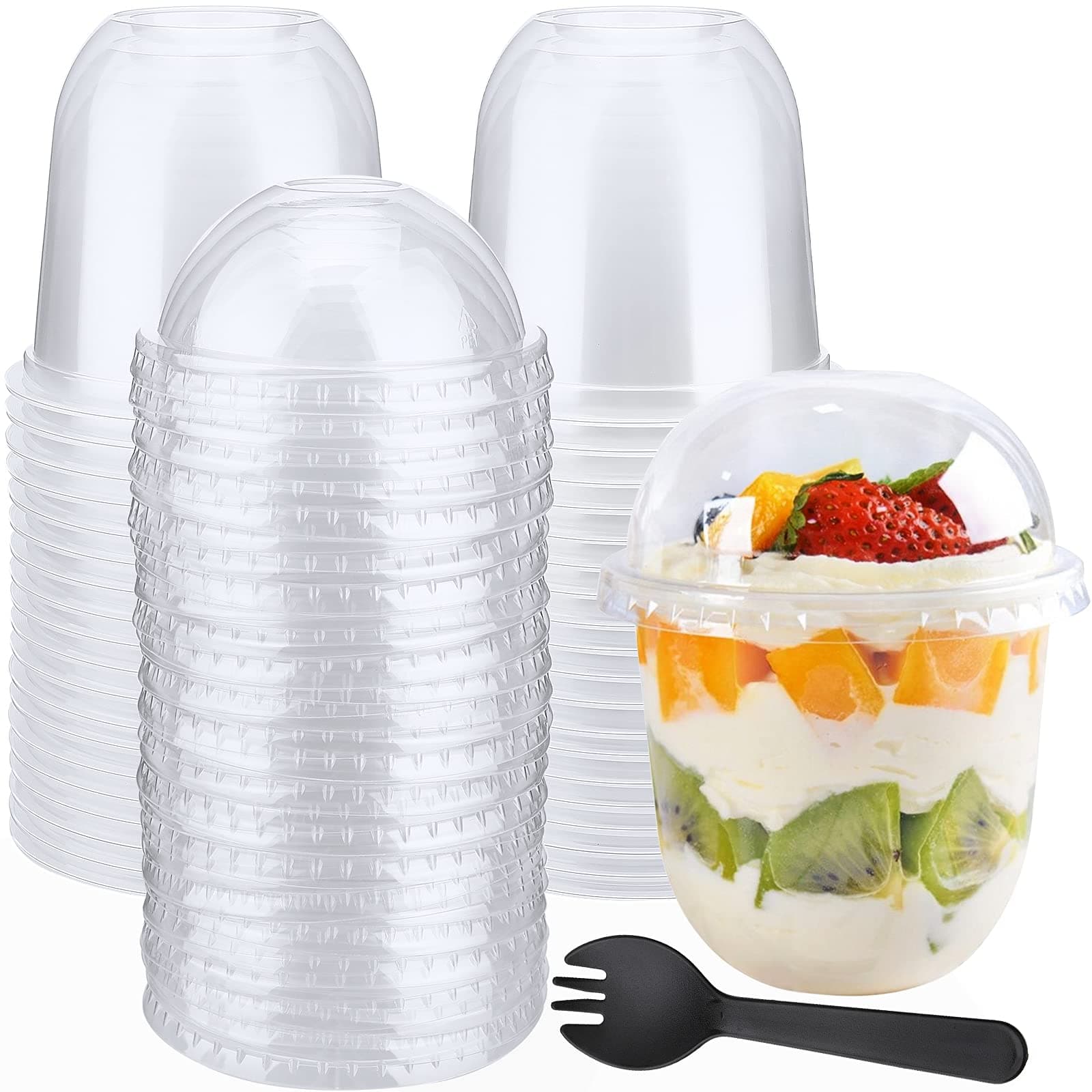 CHENGU 100 Sets 12 oz Clear Plastic Dessert Cups with Dome Lids (No Hole) and Sporks Disposable Parfait Yogurt Ice Cream Dessert Cups for Fruit Pudding Cake Drinking, Spill and Leakproof