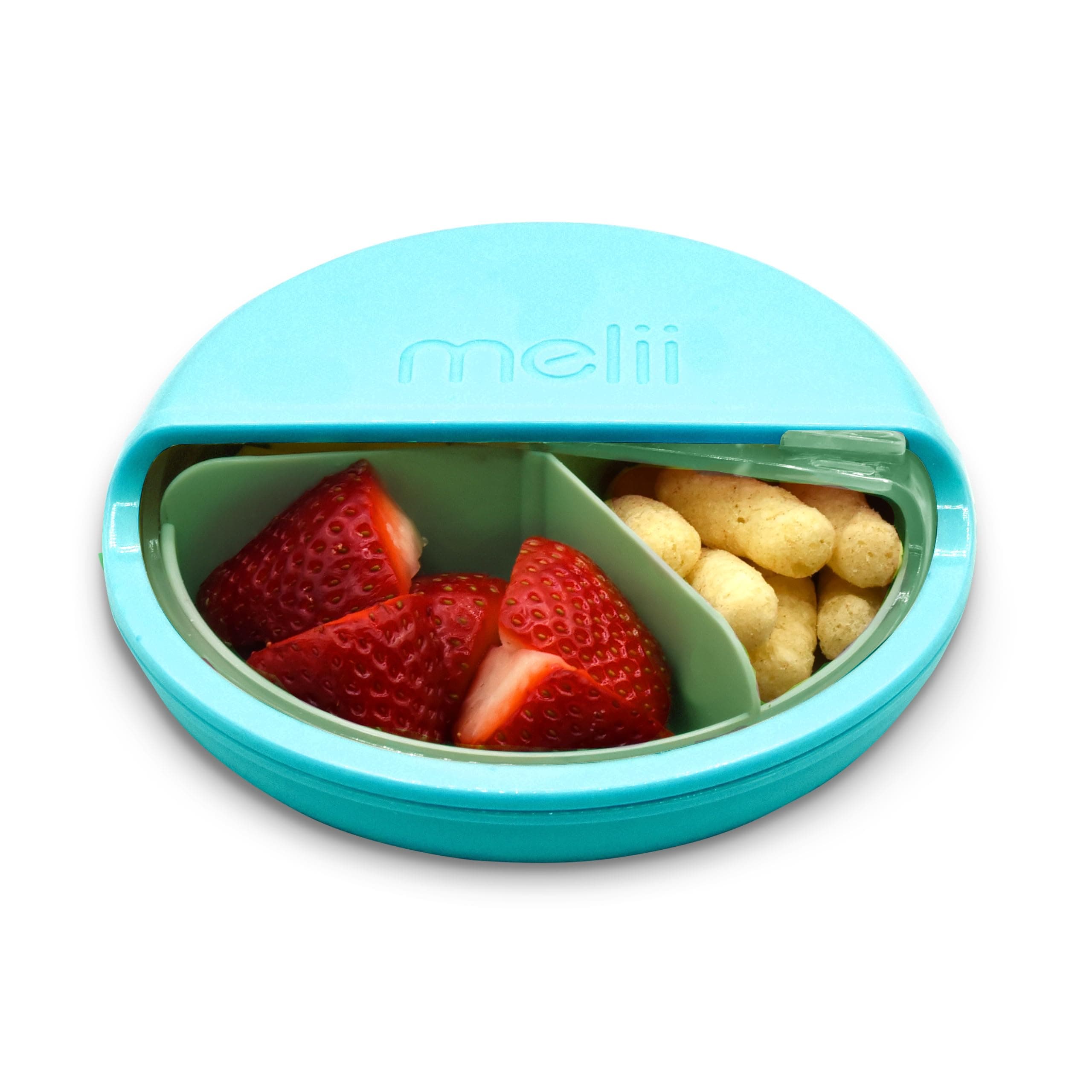 melii Spin Snack Container | 3-Compartment Rotating Snack Box with Sliding Window, BPA-Free, Dishwasher Safe, Portable Snack Container for Kids Ages 3+ (Blue)