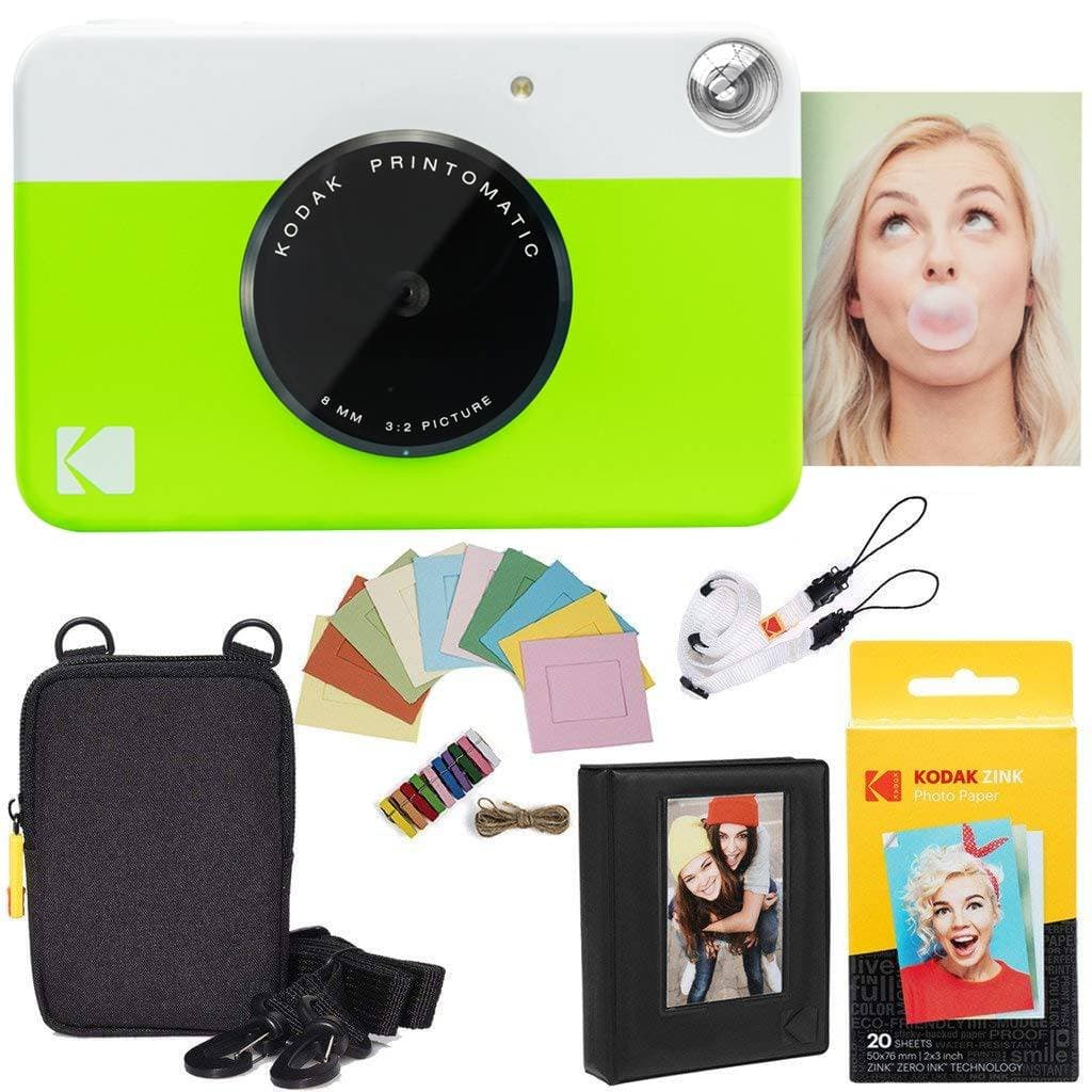 Kodak Printomatic Instant Camera Bundle (Green) Zink Paper (20 Sheets) - Case - Photo Album - Hanging Frames.