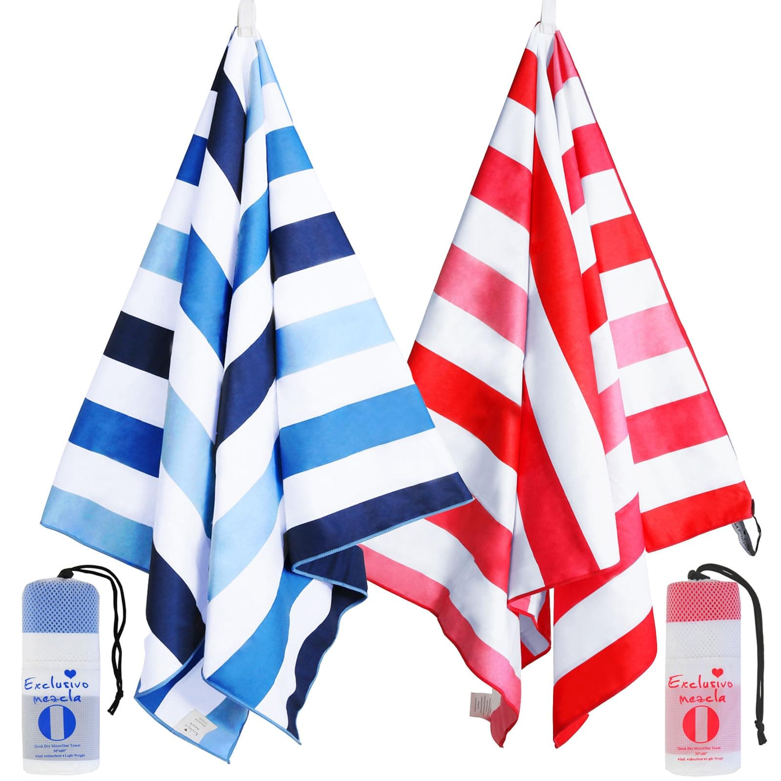 2 Pack Large Quick Dry Beach Towels, Microfiber Sandfree Cabana Stripe Pool Bath Swim Towel with Bag, Lightweight and Thin (Blue and Red, 30x60 Inches)