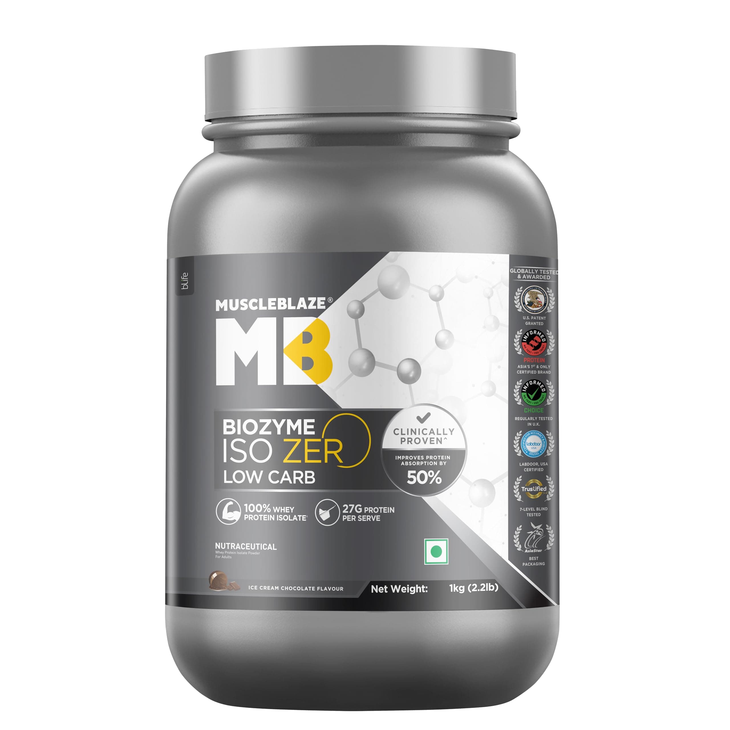 MuscleBlaze Biozyme Iso-Zero, Low Carb Whey Protein Isolate Powder, 27g Isolate Whey Per Scoop (Ice Cream Chocolate, 1kg / 2.2lbs) | USA Patent-Published Enhanced Absorption Formula (EAF)