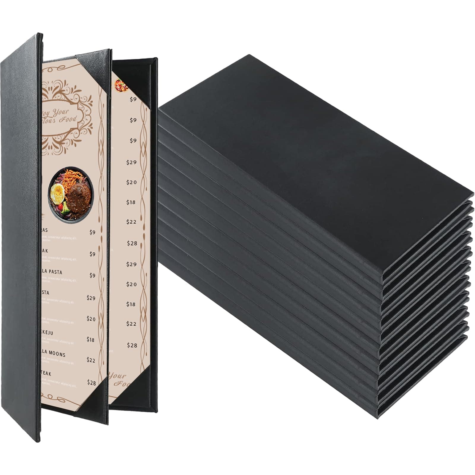 Restaurant Menu Covers Holders 4.25" x 11" | Pack of 10 Synthetic Leather Triple Fold Panels 4 View Angled Corners Black for Wine List, Drinks (10, Triple Fold Panels 4 View (4.25 x 11 inch))