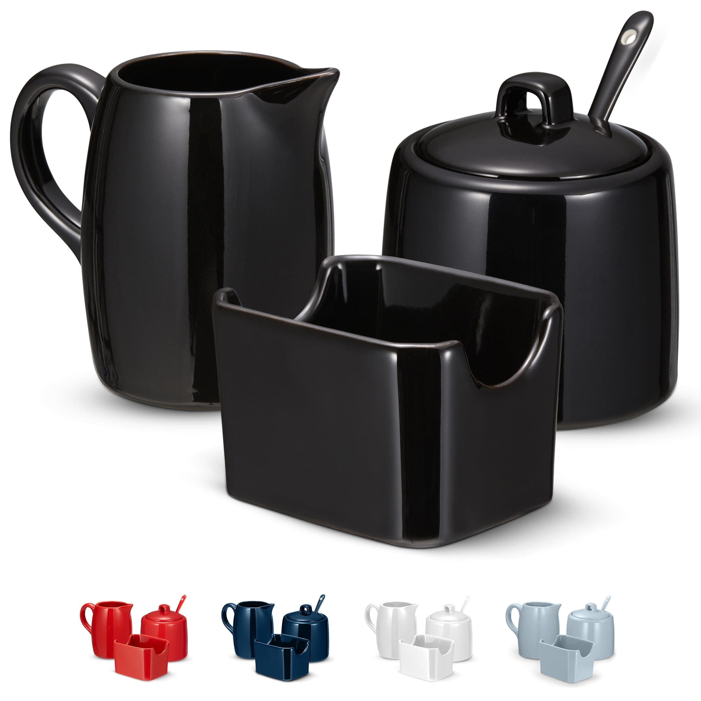 Sugar and Creamer Set, 3 Piece, Pitcher, Sugar Bowl with Lid and Spoon, Sweetener Holder (Black)