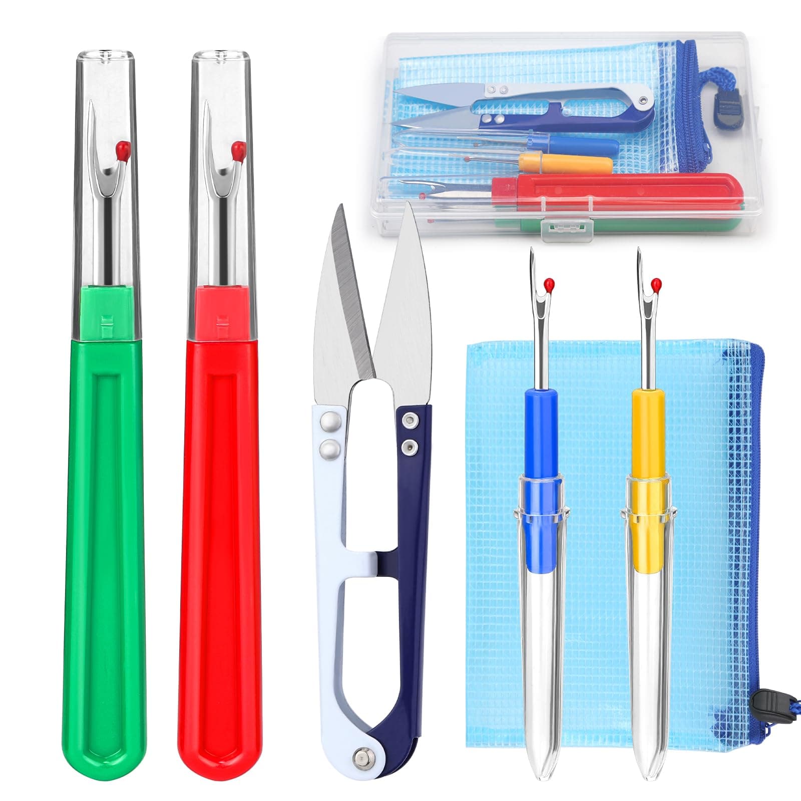 4 Pcs Seam Ripper, Big and Small Stitching Thread Unpicker, Thread Cutter Remover, Seam Rippers for Sewing, Stitch Ripper with Scissor, Storage Bag, for Sewing Needlework DIY Craft