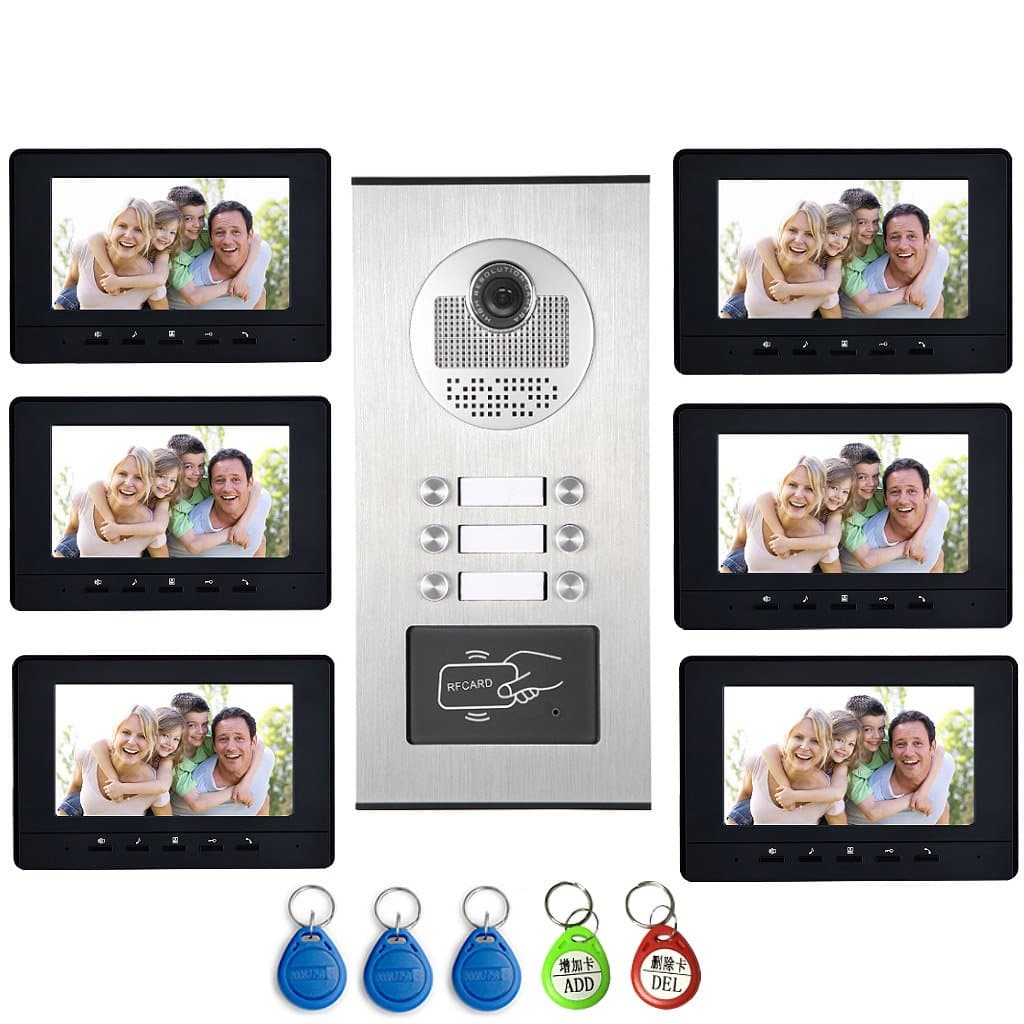 6 Units Apartment Intercom System, Video Intercom Video Door Phone Kit, HD Camera 7" Monitor with ID keyfobs Unlock for 6 Household or Office