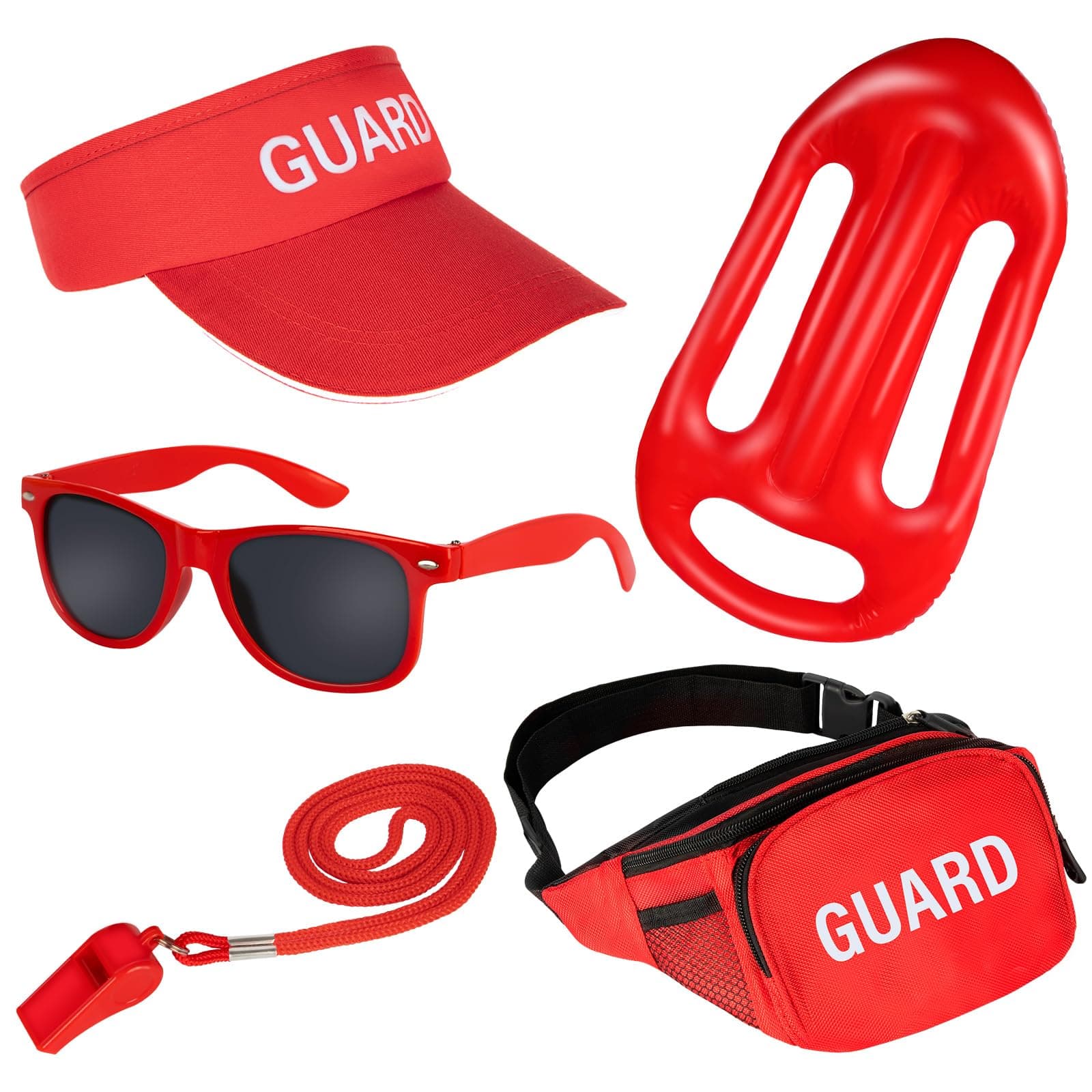 5 PCS Guard Costume Set Lifeguard Accessories Include Guard Hat Inflatable Float Sunglasses Guard Fanny Pack Whistle with Lanyard for Adult Kids Beach Party Dress Up