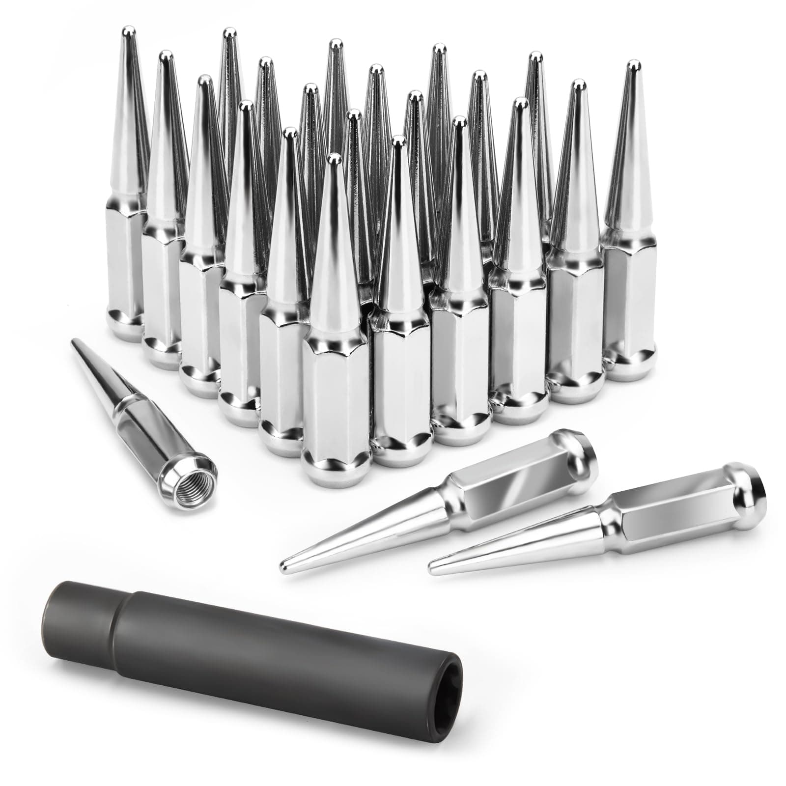KSP 24 Pc Spiked Solid Metal Lug Nuts M14x1.5 thread 4.4" Tall Closed End Bulge Acorn Spike Lug Nut and 1 long Socket Key For Aftermarket Wheels Chevy Silverado Silver