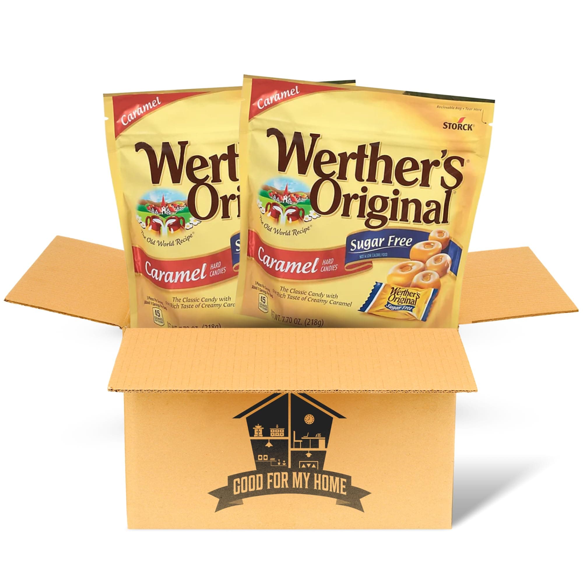 Sugar Free Hard Caramel Candy Big Pack. Two-7.70 Oz Bags of Original Caramel Sugar Free Hard Candy in a Good For My Home Box. Individually Wrapped Original Hard Candy for Sharing!