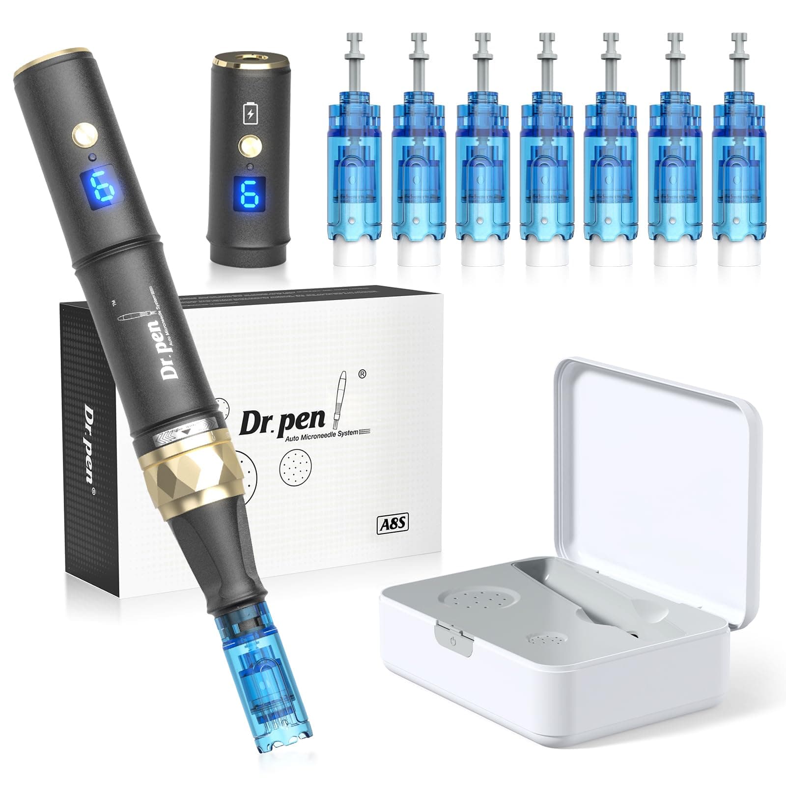 Dr.pen A8S Microneedling Pen, Authentic with 2Pcs Battery Wireless/Wired Mode, Dr.pen Microneedling with 7 Cartridges(12/18/24/36/42/Nano-S/Nano-R), Professional Microneedling for Face/Hair Growth