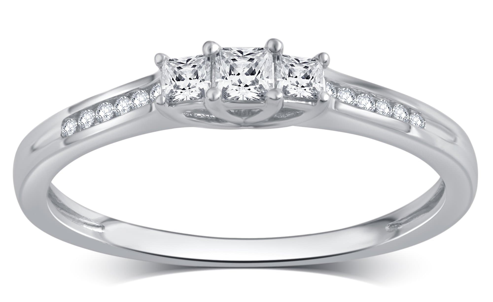 10k Solid Gold Princess or Round Diamond Three Stone Ring (1/4 -1/2 cttw, I-J Color, I2-I3 Clarity)