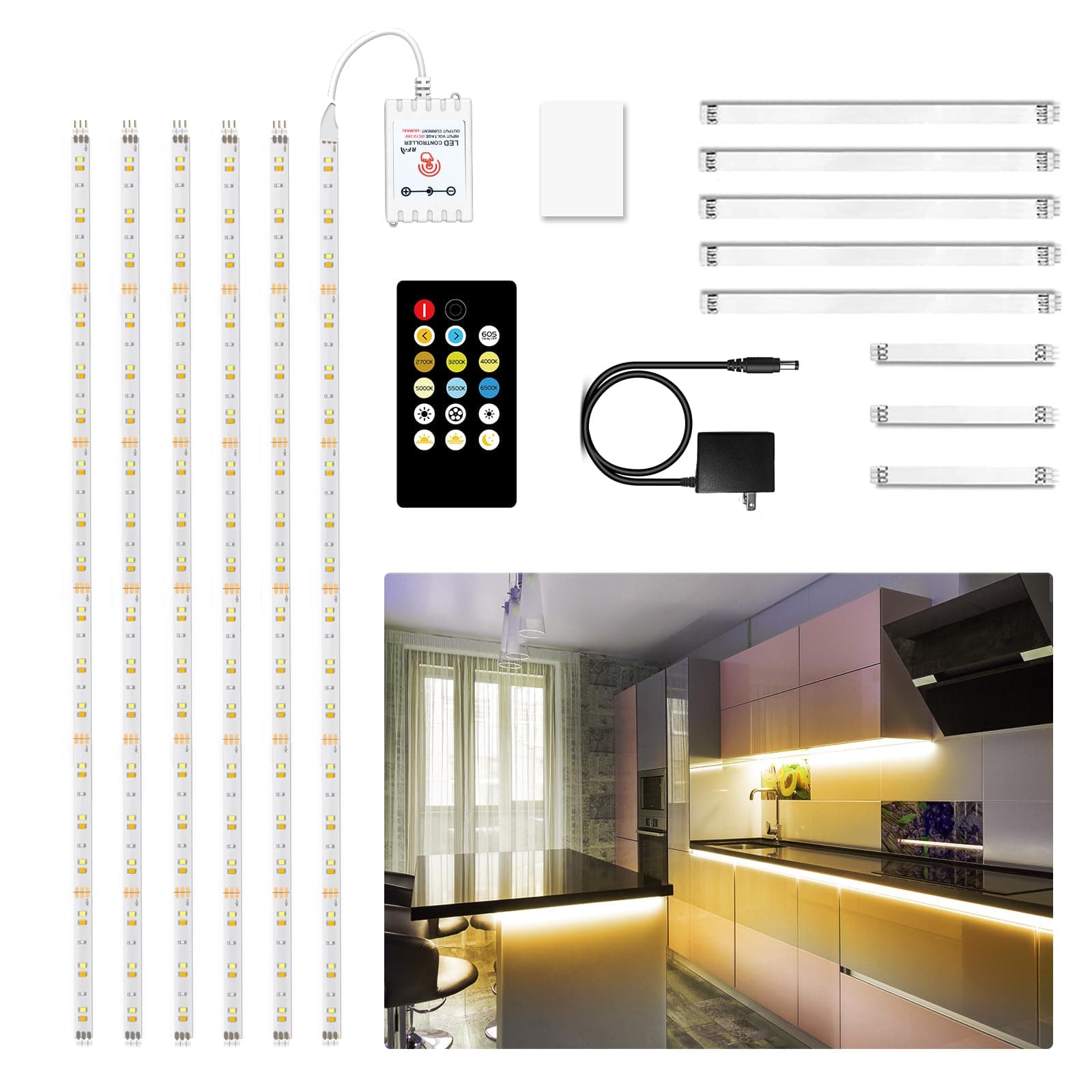 DAYBETTER - Undercabinet Lighting, 6 Undercabinet Lights with Remote Control, Dimmable LED Strip Lights for Bedroom, LED Kitchen Cabinet Lighting, Counter Shelf,