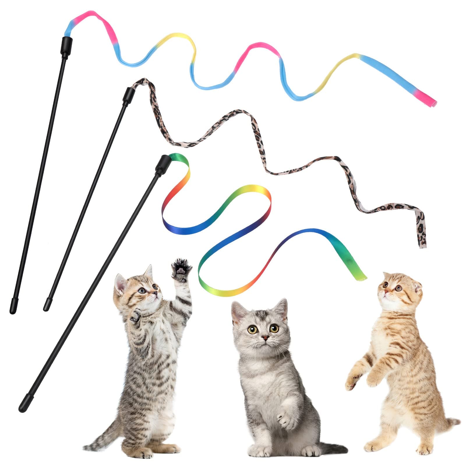 Cobee 3 Pack Cat Wand Toy Set, 30cm Interactive Wand with Rainbow Ribbon String + Leopard Print Cloth String for Kitten Training & Exerciser