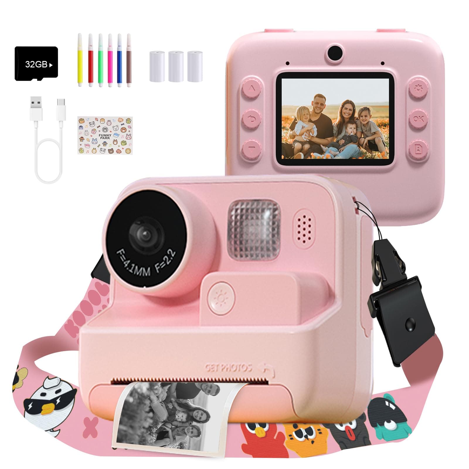 Kids Camera Instant Print, 48MP Digital Camera with Zero Ink, Selfie 1080P Video Camera with 32G TF Card, Toys Gifts for Girls Boys Aged 3-12 for Christmas/Birthday/Holiday (pink)