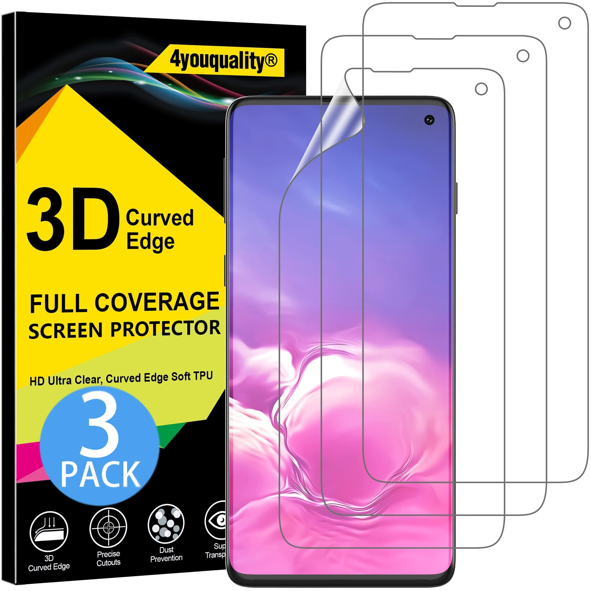 4youquality [3-Pack Screen Protector for Samsung Galaxy S10, Soft TPU Ultra HD Film, [Support Fingerprint Sensor] [NOT for S10+][LifetimeSupport]